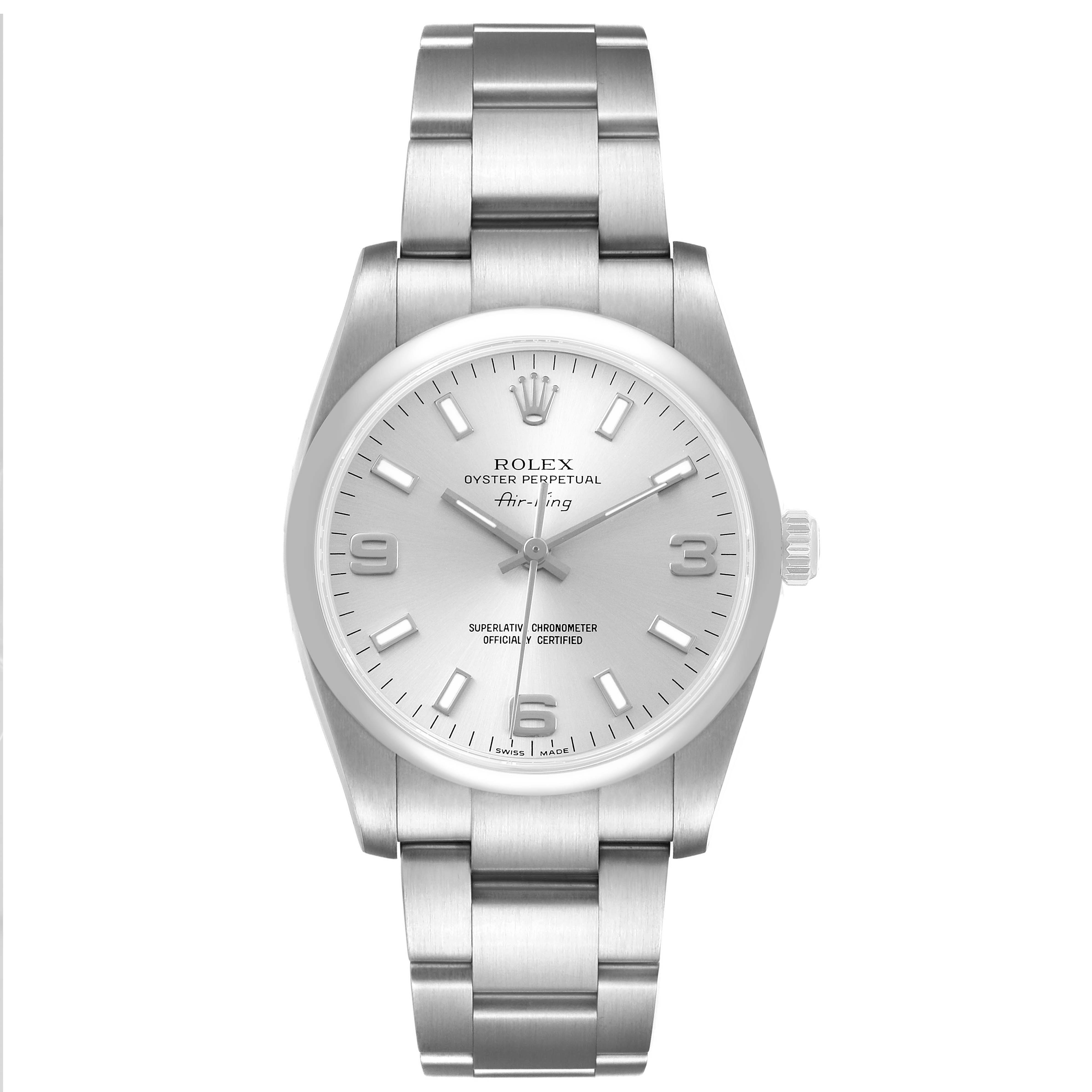 The Rolex Air-King 114200 Men's Stainless Steel Silver Dial watch is shown from a front angle, displaying the face, case, and bracelet.
