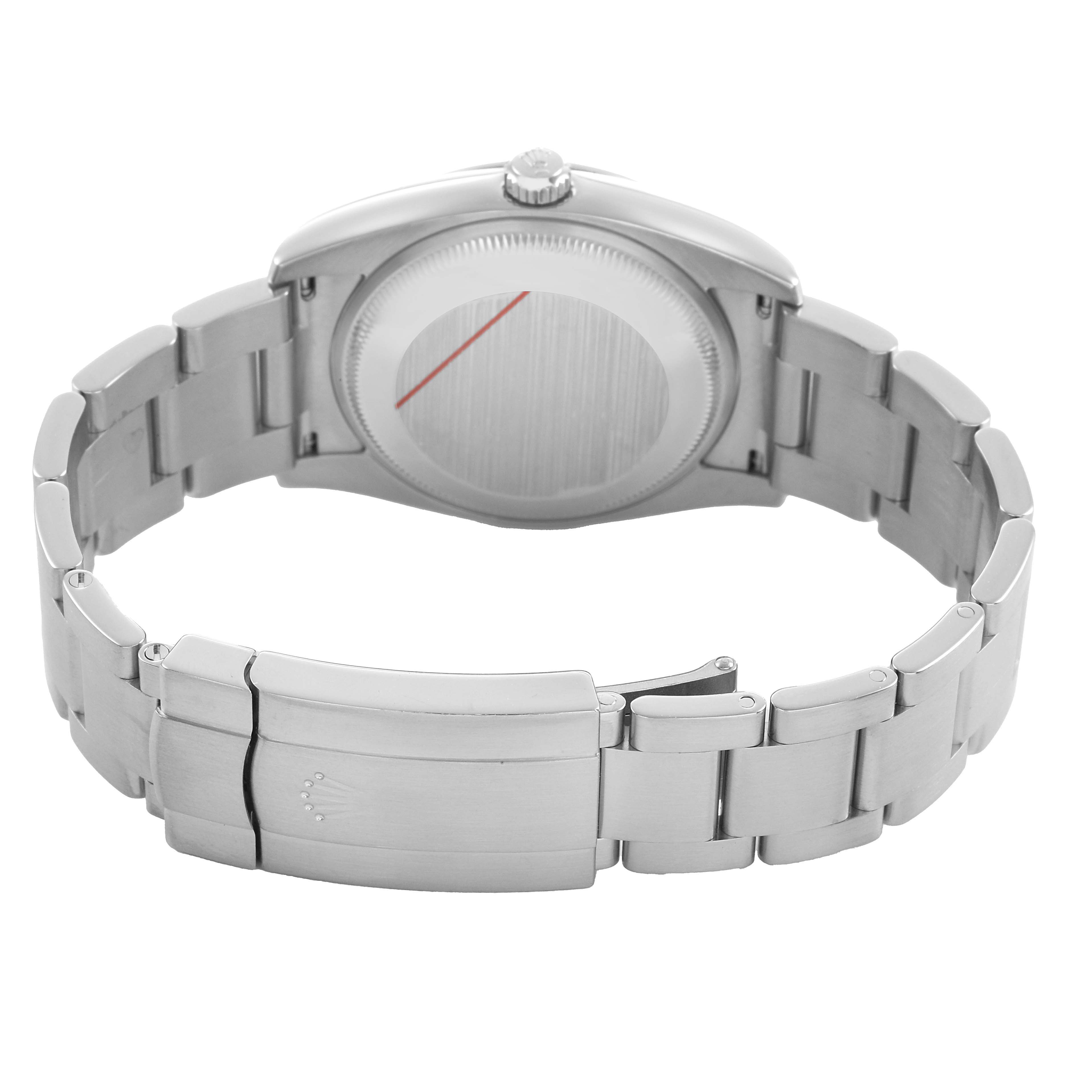 The image shows the back of a Rolex Air-King 114200 Men's Stainless Steel Silver Dial watch, highlighting the clasp and stainless steel bracelet.