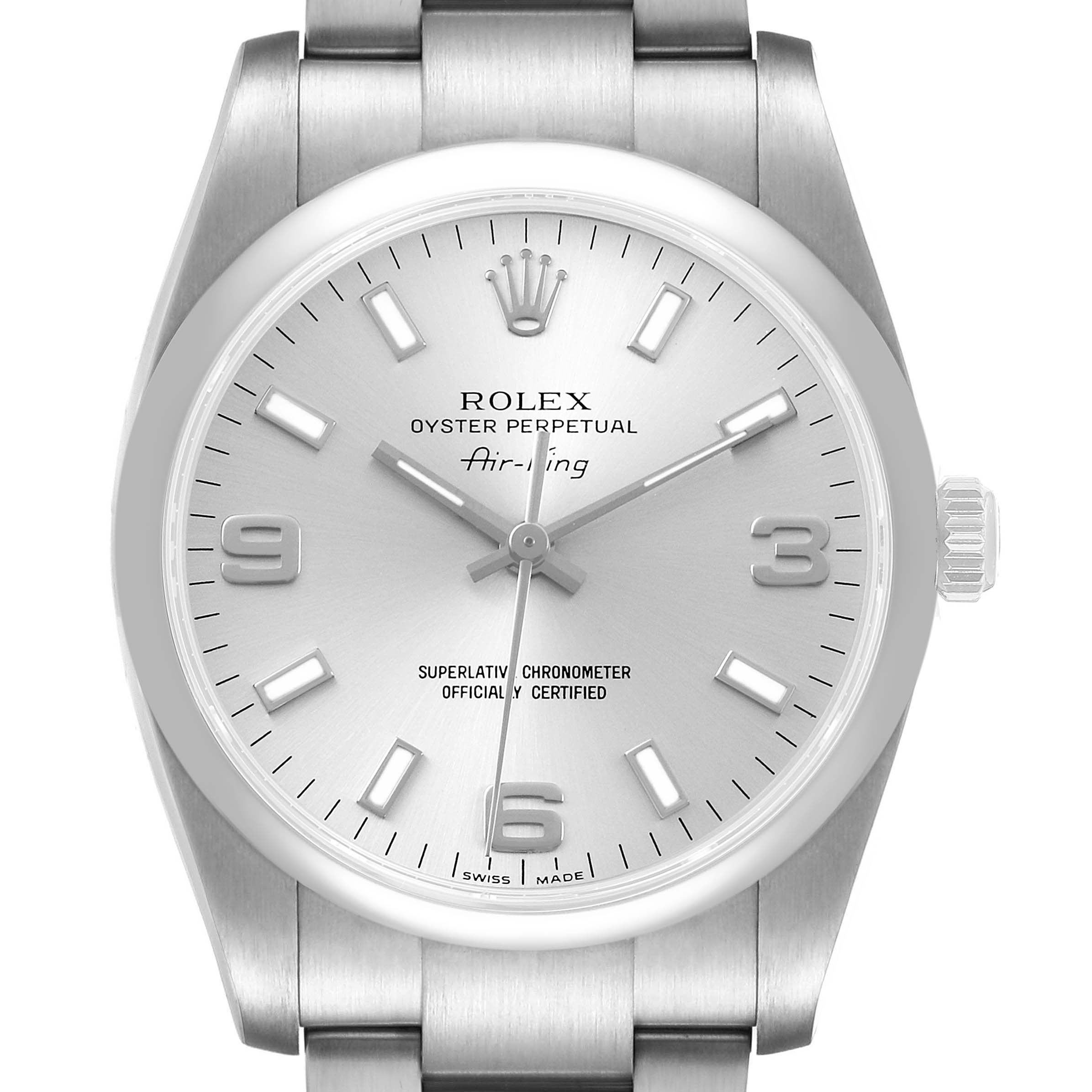 The Rolex Air-King 114200 Men's Stainless Steel Silver Dial watch is shown from the front, displaying the dial, hands, crown, and part of the bracelet.