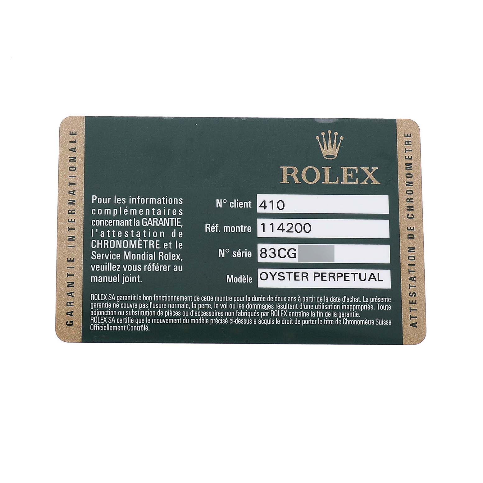 This image shows a Rolex warranty card for the Air-King model, featuring client and reference numbers.
