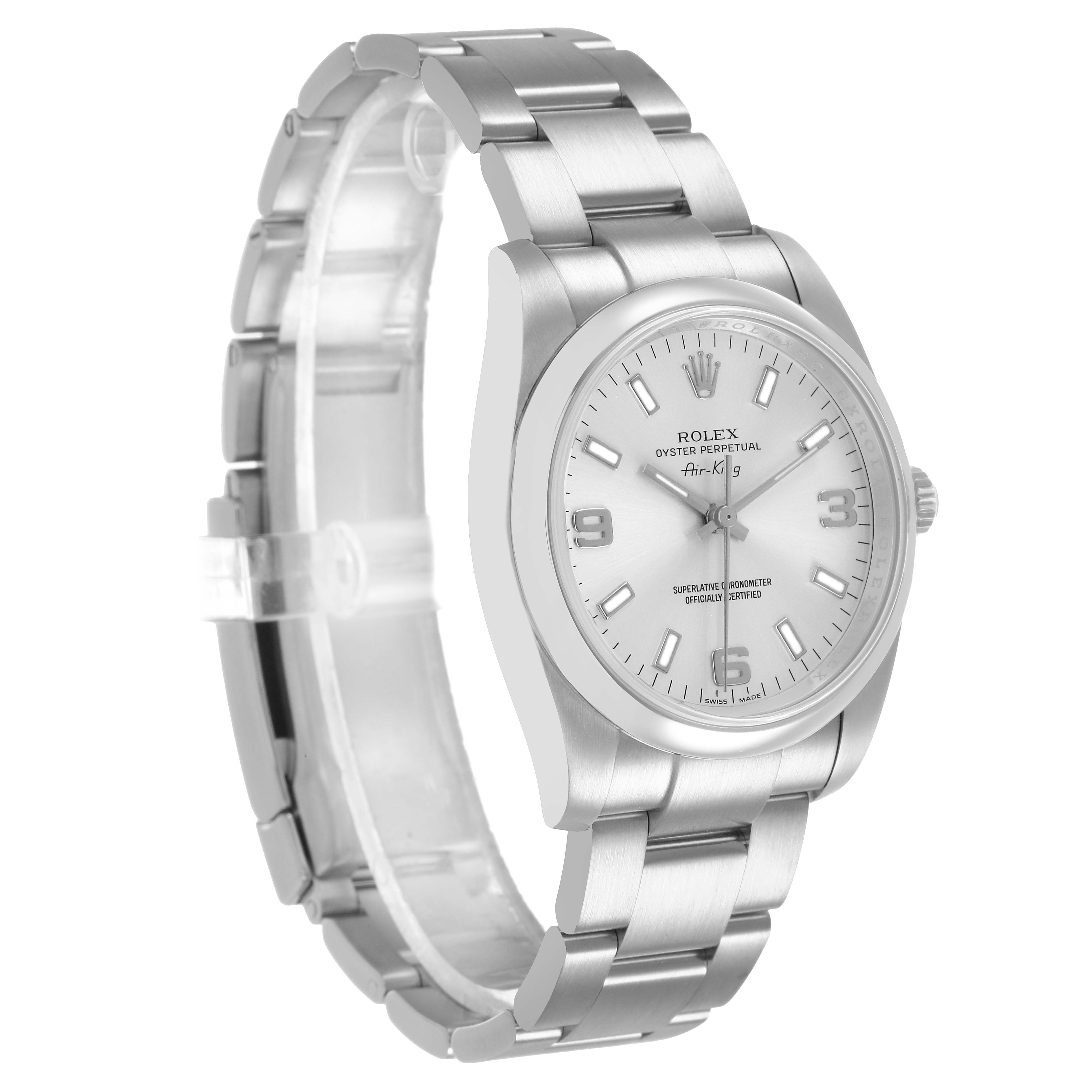 The Rolex Air-King 114200 Men's Stainless Steel Silver Dial watch is shown at a three-quarter angle, displaying the face, bezel, and bracelet.