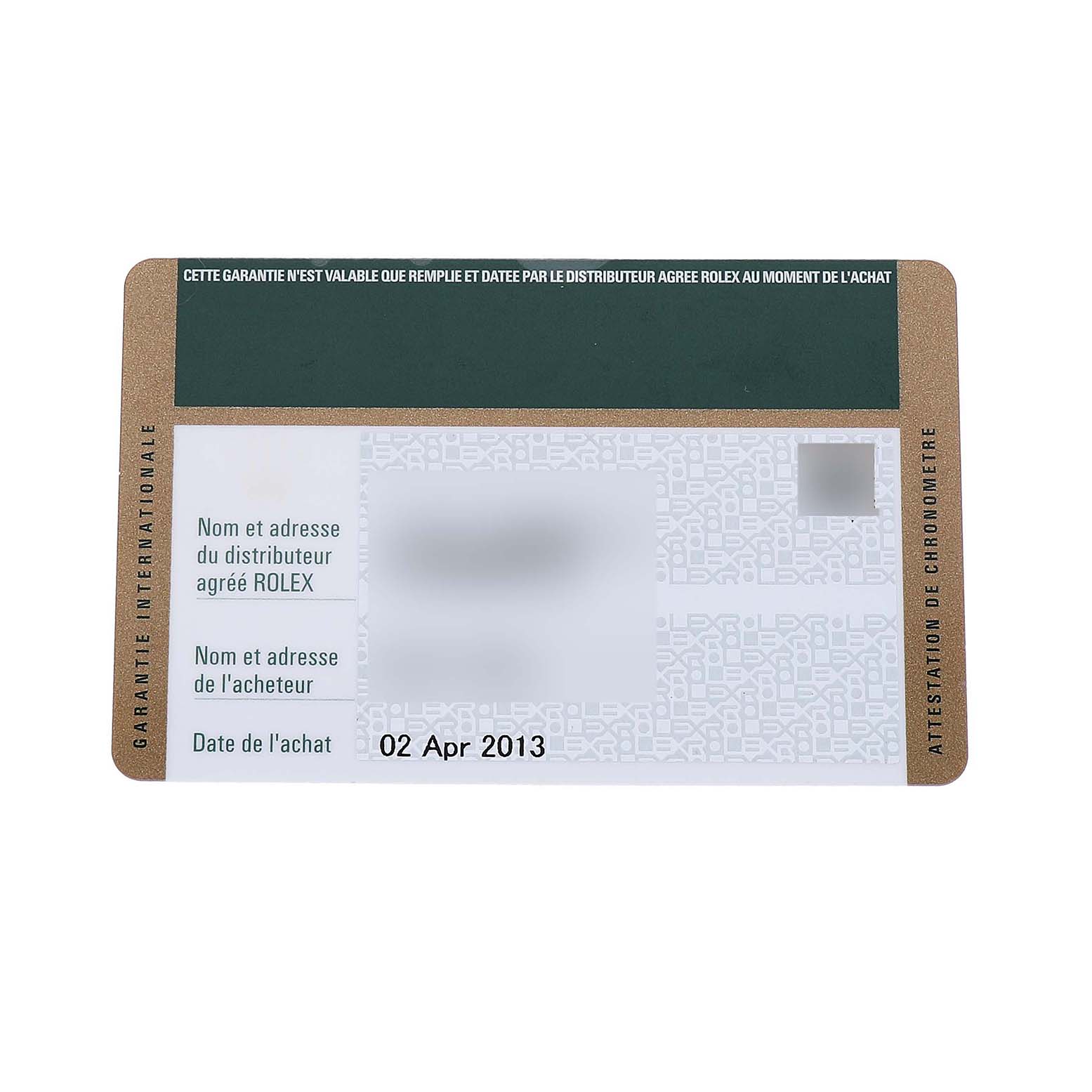 The image shows a guarantee card for the Rolex Air-King 114200 Men's Stainless Steel Silver Dial model, featuring purchase details and branding.