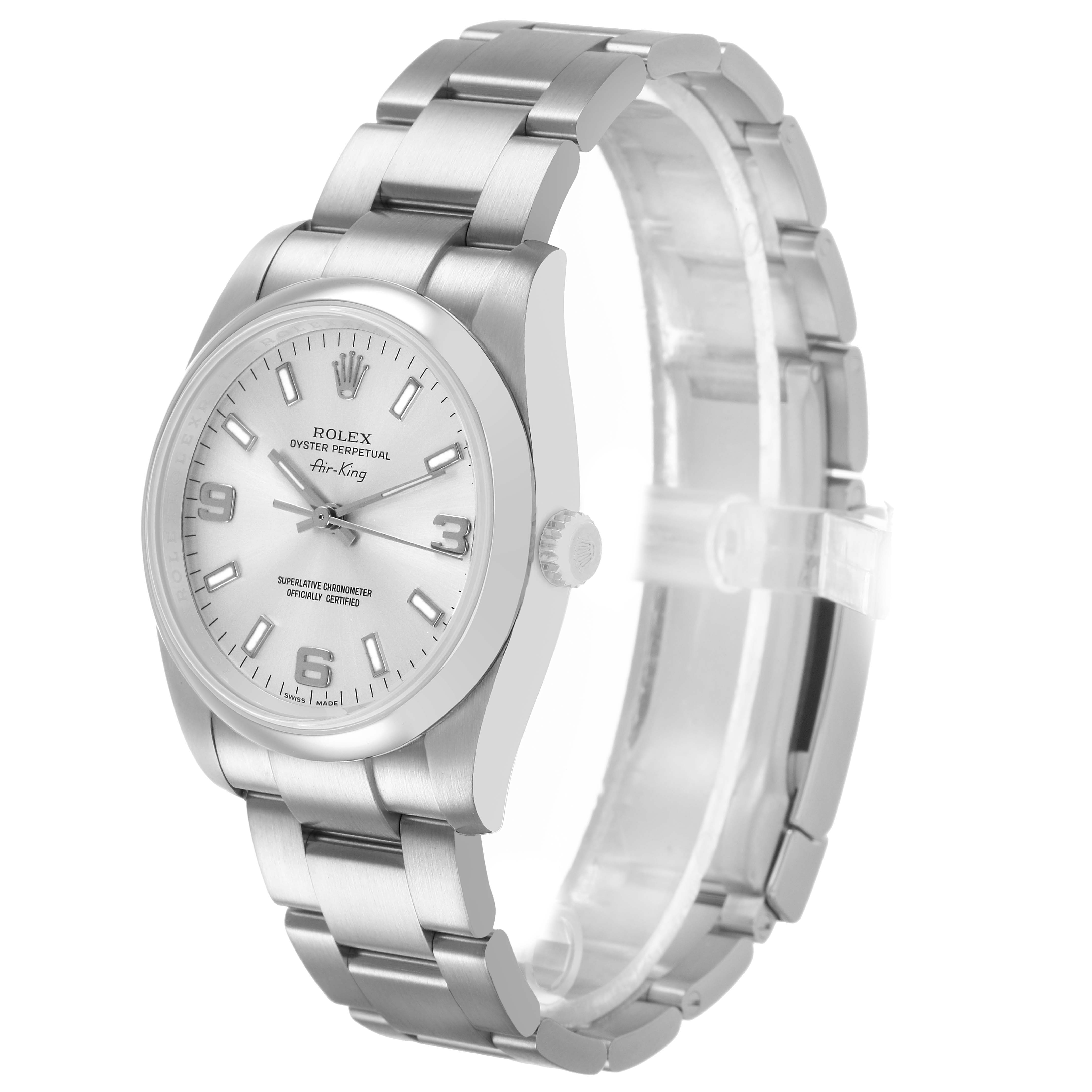 The Rolex Air-King 114200 Men's Stainless Steel Silver Dial watch is shown at a three-quarter angle, highlighting the face, bezel, and bracelet.