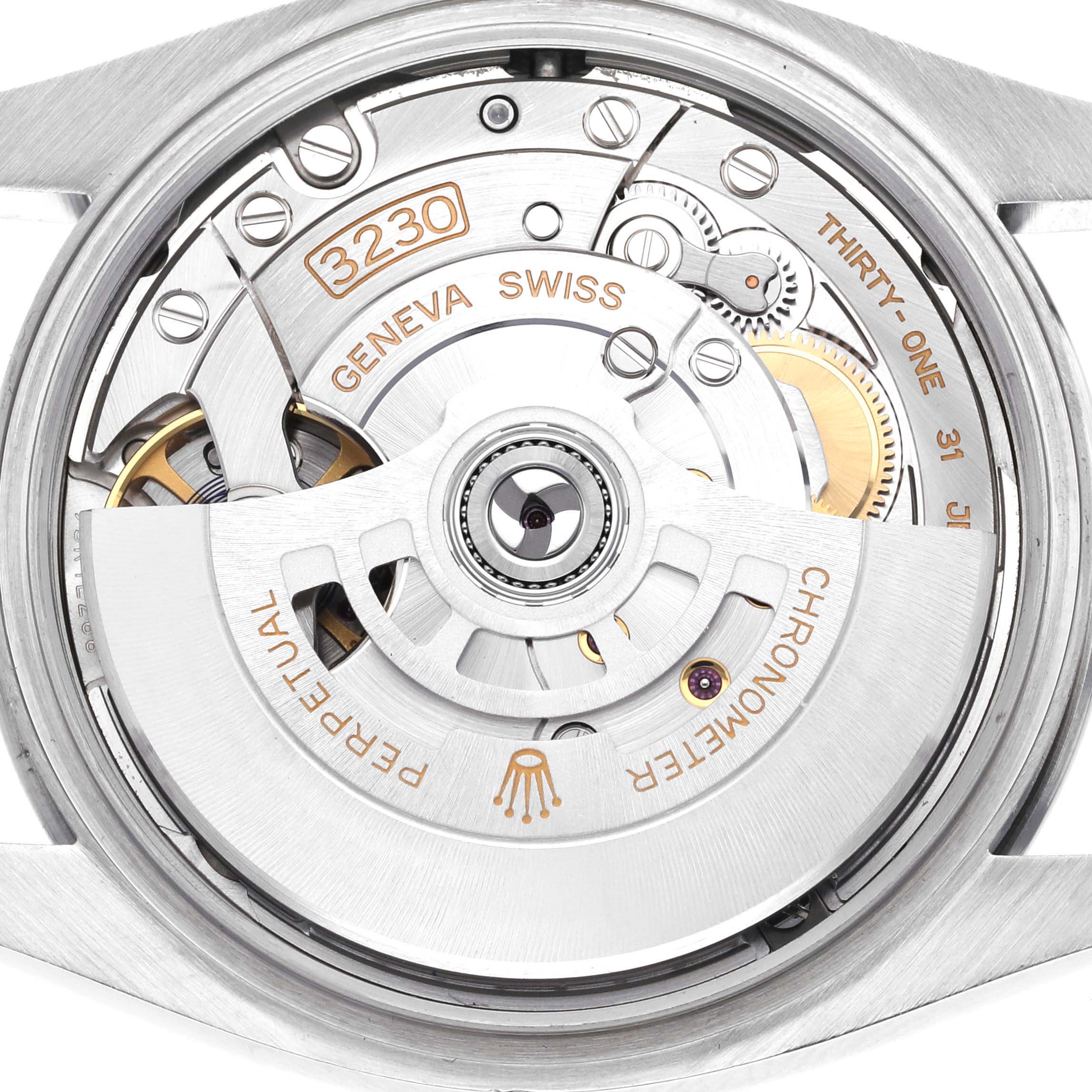 The image shows the movement mechanism of a Rolex Oyster Perpetual 126000 Men
s Stainless Steel Black Dial 126000 Men
s Stainless Steel Black Dial watch from a rear view angle.