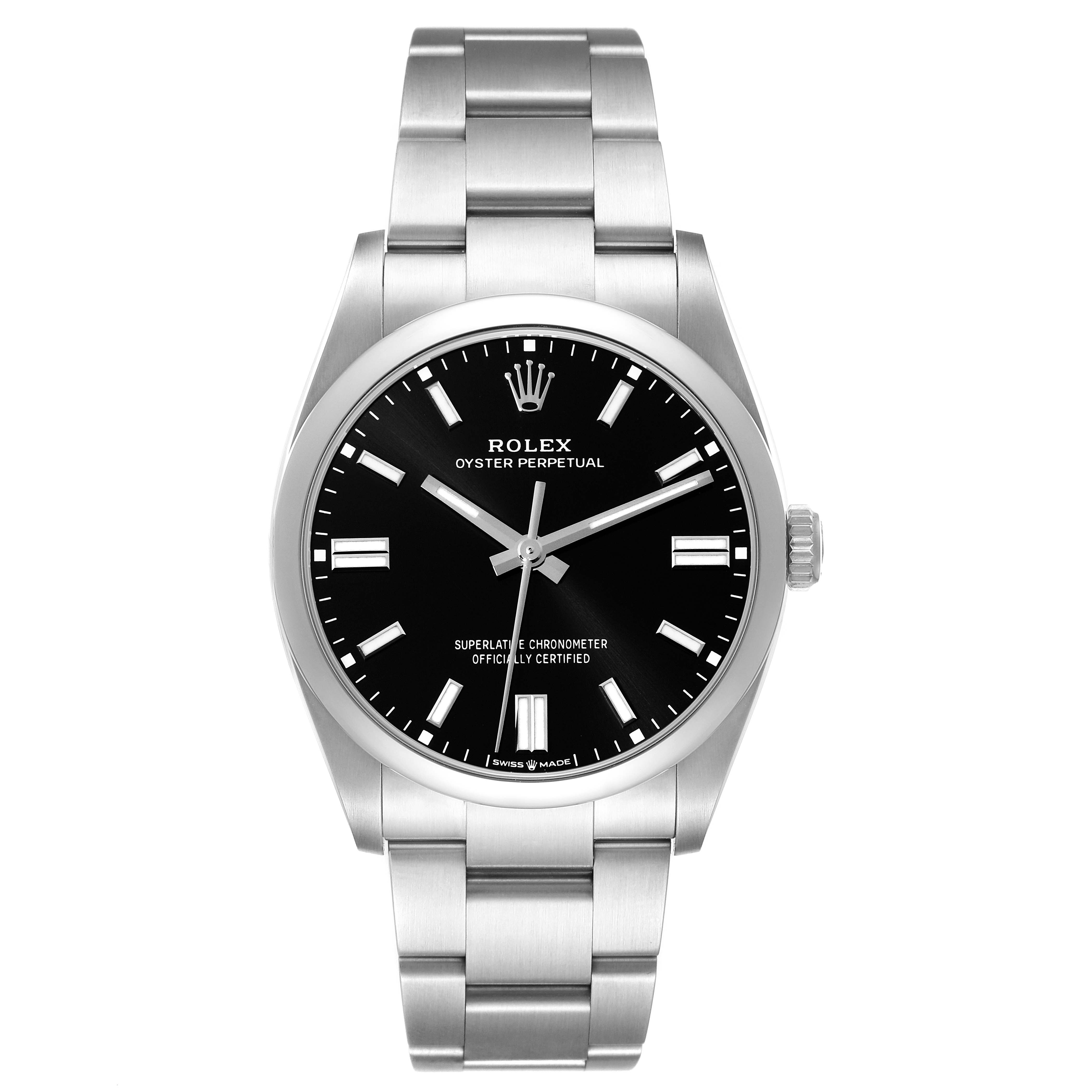 The Rolex Oyster Perpetual 126000 Men
s Stainless Steel Black Dial 126000 Men
s Stainless Steel Black Dial watch is shown from a top-down angle, displaying its black dial, hour markers, and metal bracelet.