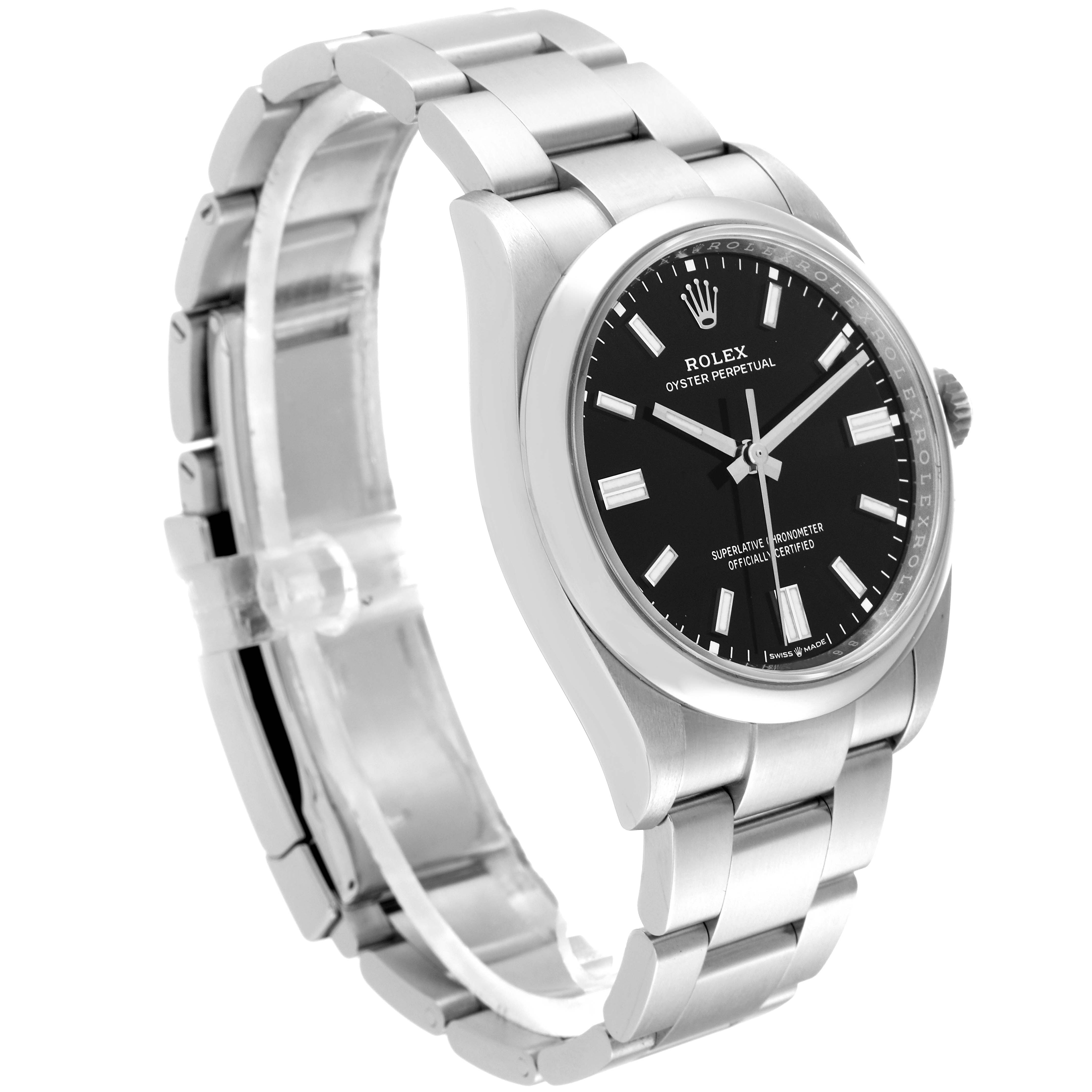 The image shows a Rolex Oyster Perpetual 126000 Men
s Stainless Steel Black Dial 126000 Men
s Stainless Steel Black Dial watch angled to display the face and part of the metal bracelet.