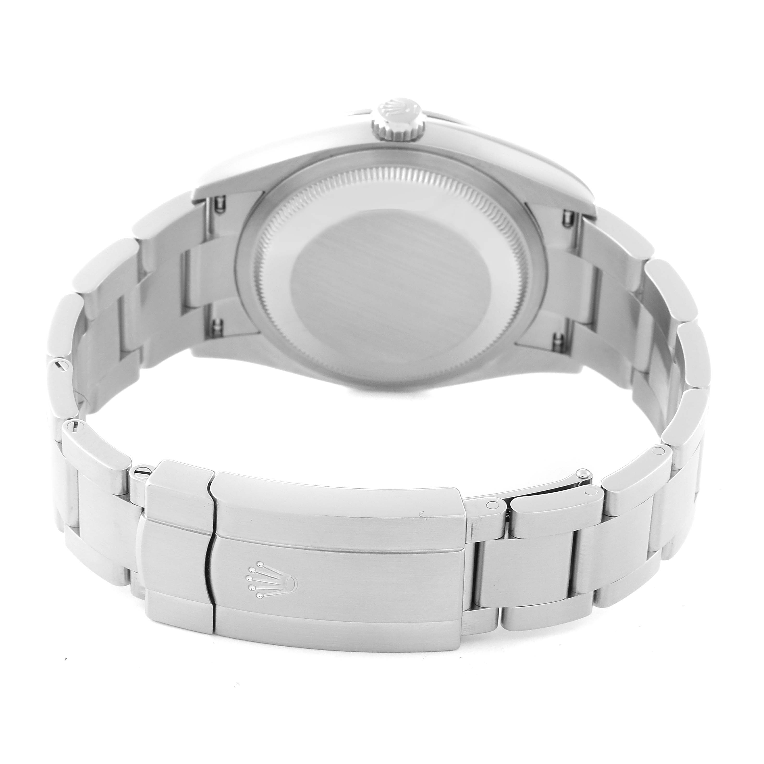 The image shows the back view of a Rolex Oyster Perpetual 126000 Men
s Stainless Steel Black Dial 126000 Men
s Stainless Steel Black Dial watch, highlighting the case back and bracelet clasp.