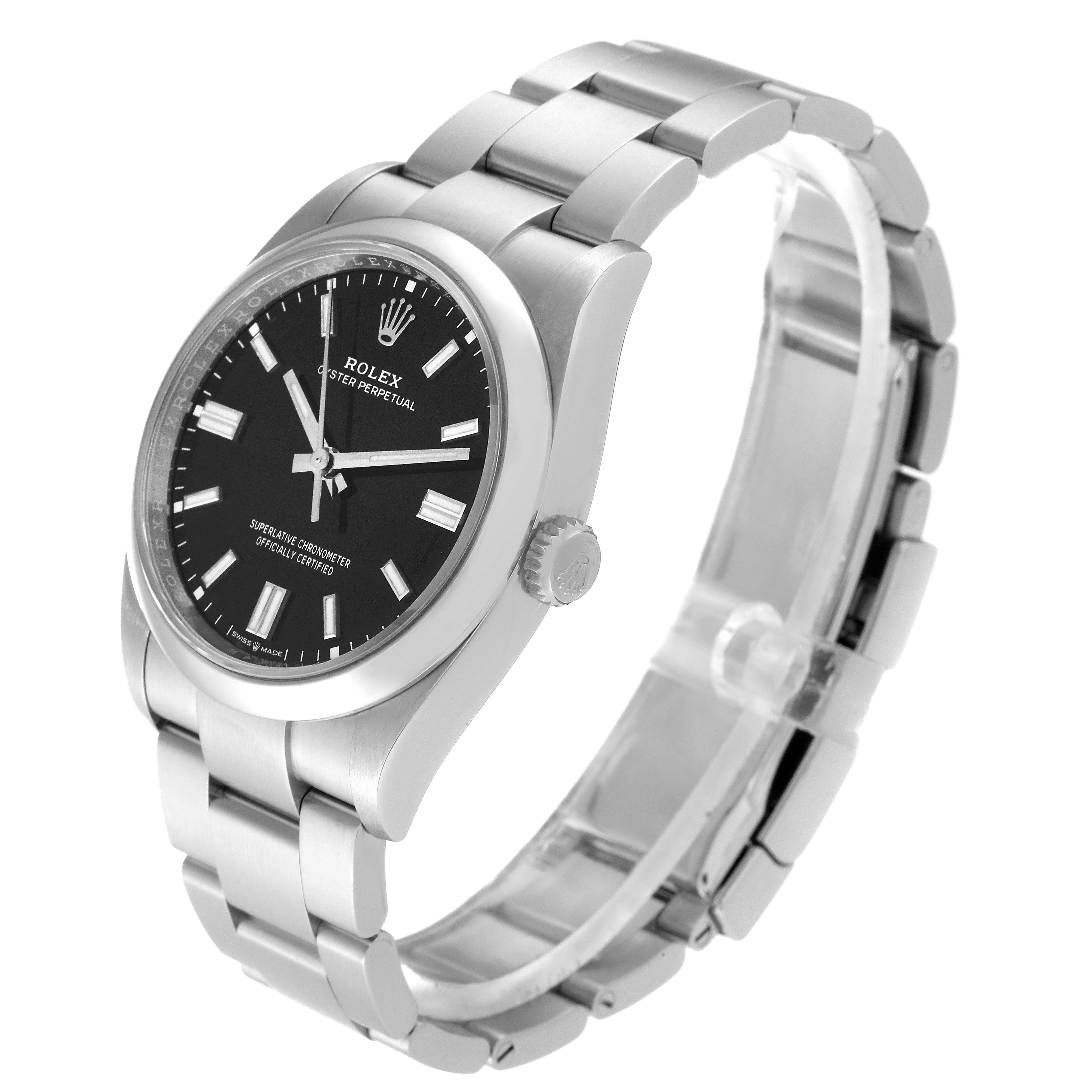 The Rolex Oyster Perpetual 126000 Men
s Stainless Steel Black Dial 126000 Men
s Stainless Steel Black Dial watch is shown at an angled side view, displaying the dial, case, crown, and bracelet.