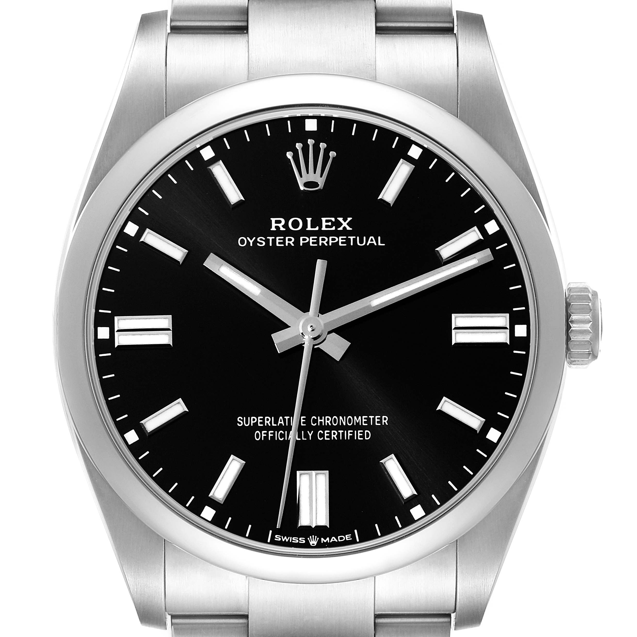 This is a front view of the Rolex Oyster Perpetual 126000 Men
s Stainless Steel Black Dial 126000 Men
s Stainless Steel Black Dial watch, showing its dial, hands, crown, and part of the bracelet.