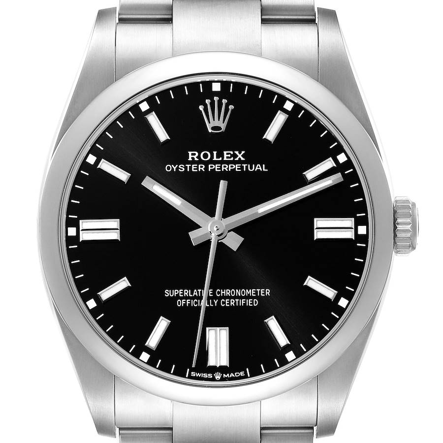 This is a front view of the Rolex Oyster Perpetual watch, showing its dial, hands, crown, and part of the bracelet.