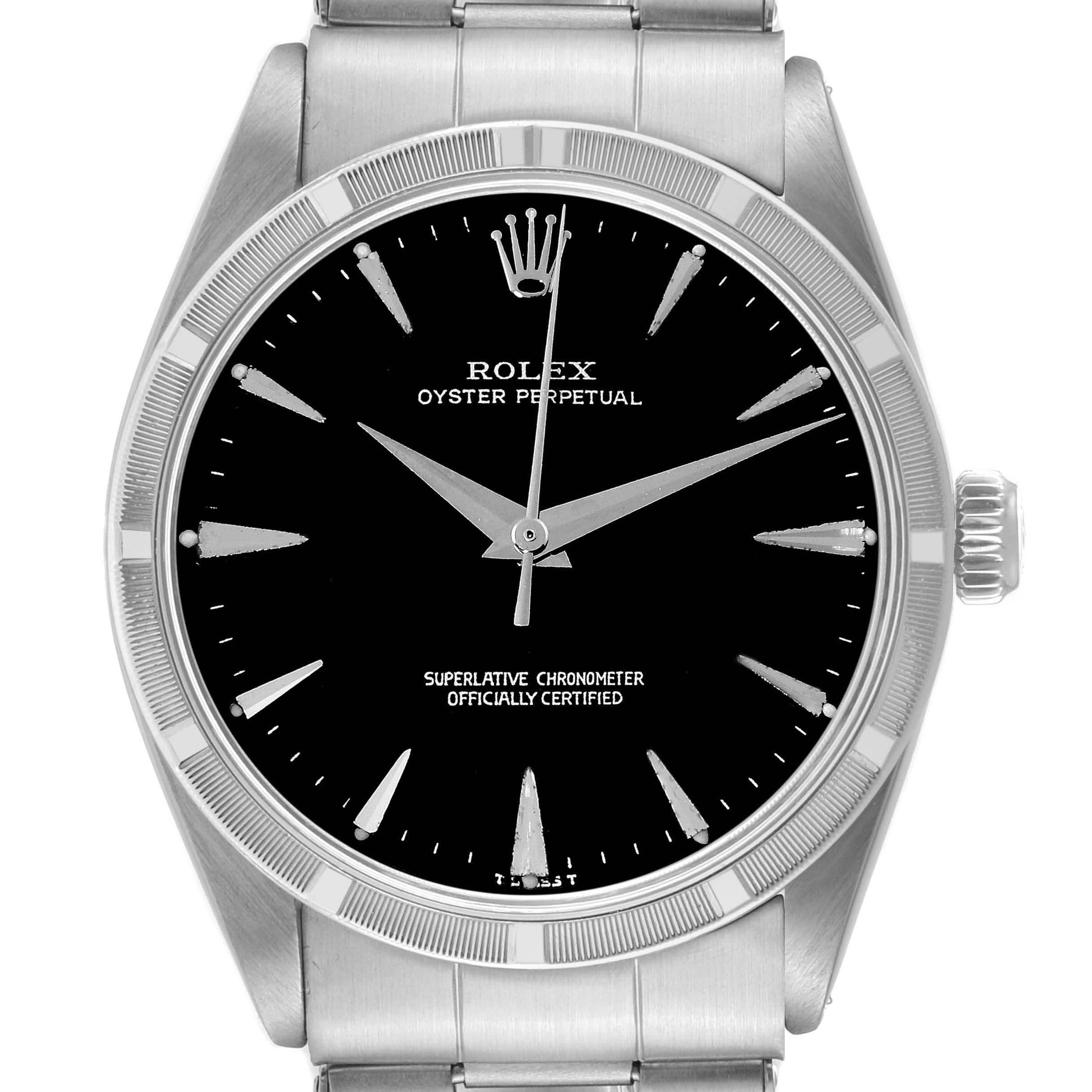 The image shows a front view of a Rolex Vintage Collection 1007 Men's Stainless Steel Black Dial 1007 Men's Stainless Steel Black Dial Oyster Perpetual watch, highlighting the black dial, markers, and bezel.
