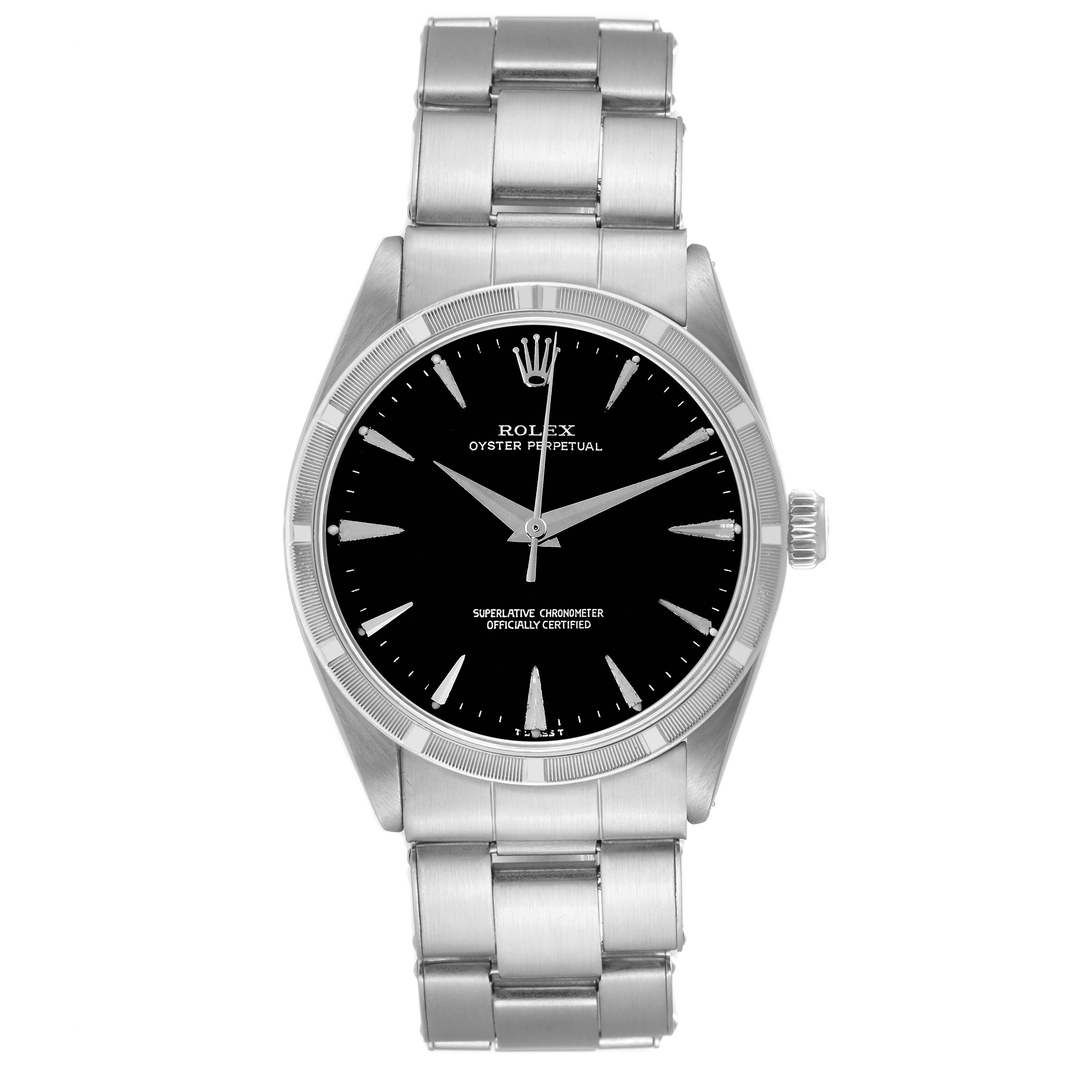 The image shows a front view of a Rolex Vintage Collection 1007 Men's Stainless Steel Black Dial 1007 Men's Stainless Steel Black Dial Oyster Perpetual watch with a stainless steel bracelet and black dial.