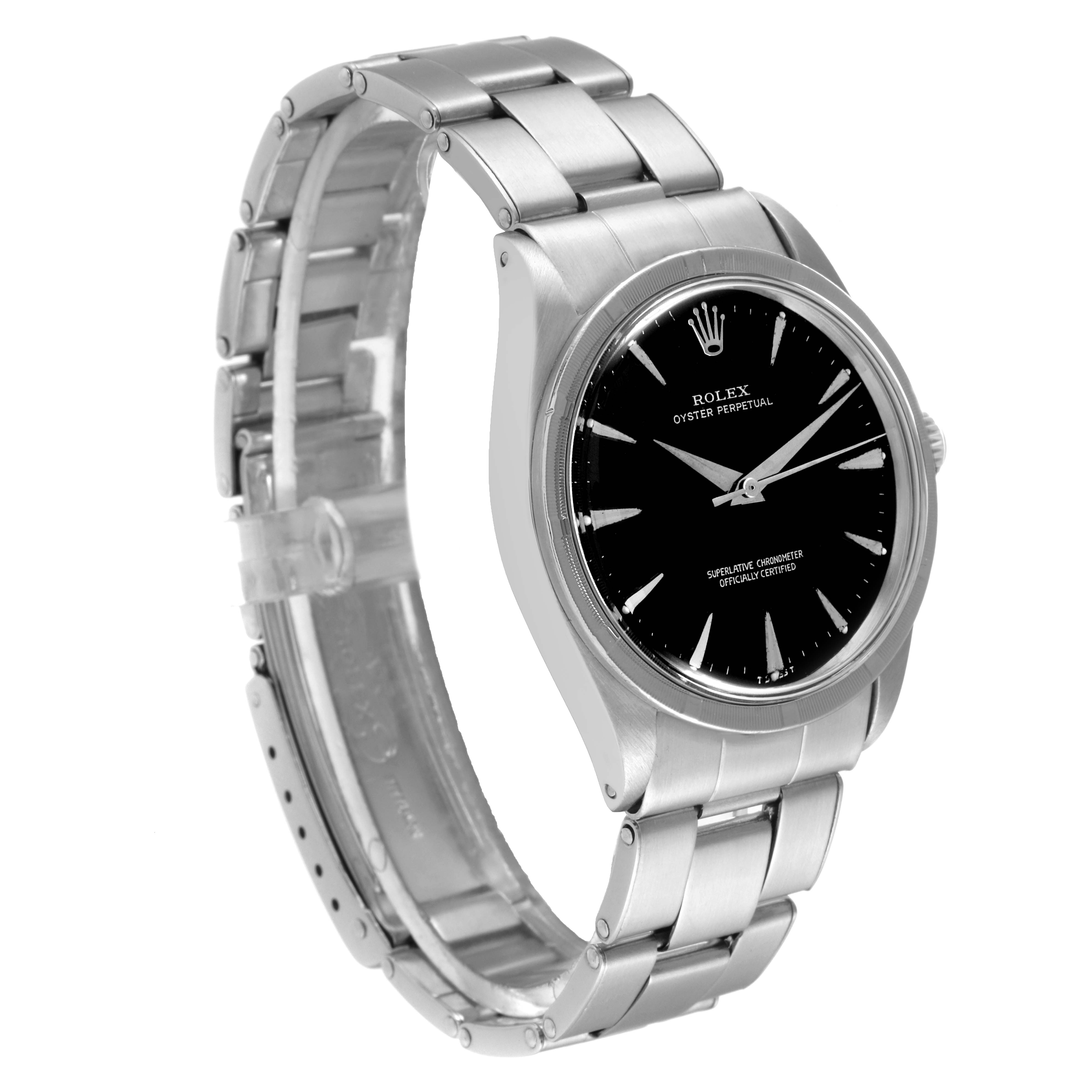 This image shows a side and front angle of the Rolex Vintage Collection 1007 Men's Stainless Steel Black Dial 1007 Men's Stainless Steel Black Dial watch, highlighting the dial, bezel, and metal bracelet.