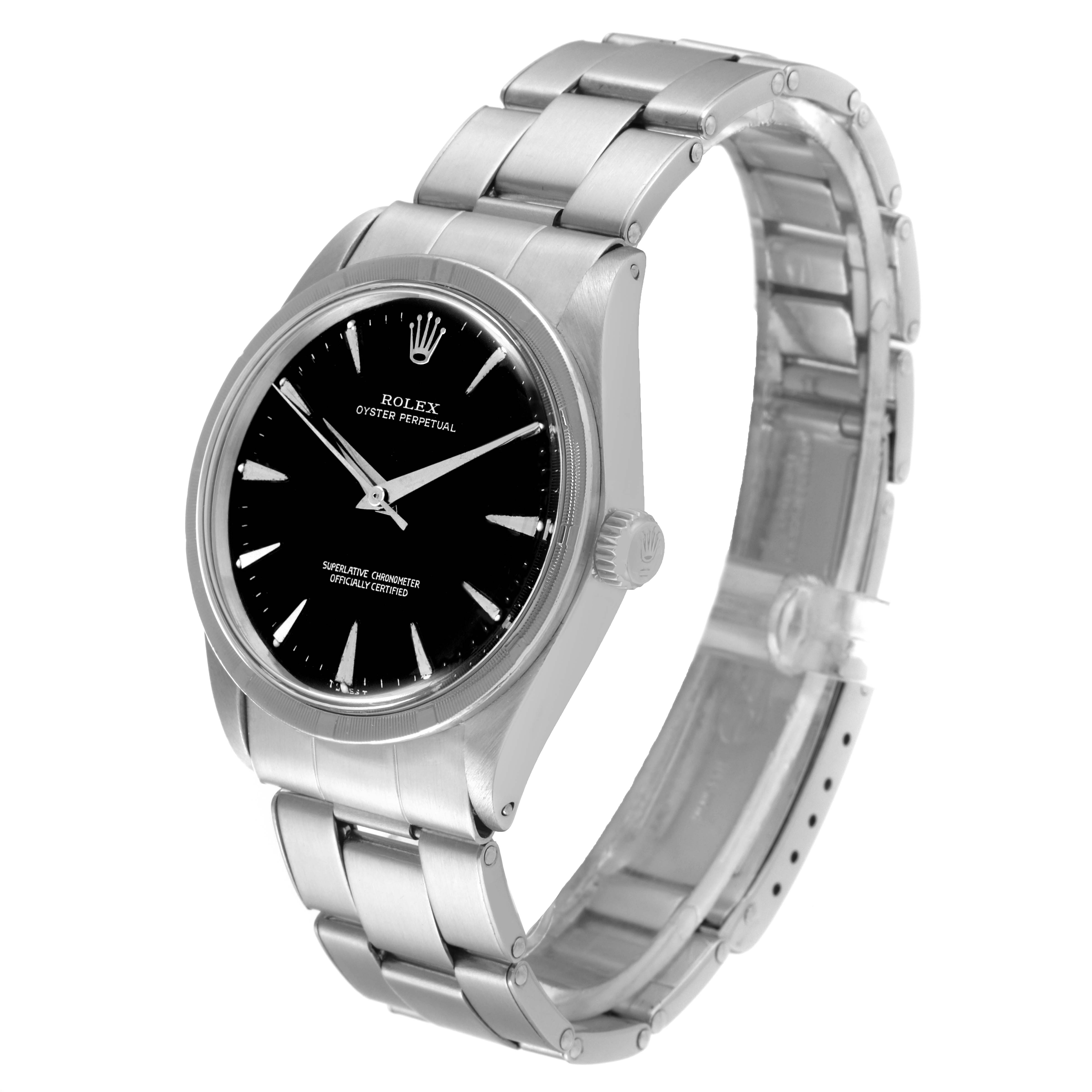 This image shows the Rolex Vintage Collection 1007 Men's Stainless Steel Black Dial 1007 Men's Stainless Steel Black Dial model at an angled view, displaying the face, crown, and bracelet.