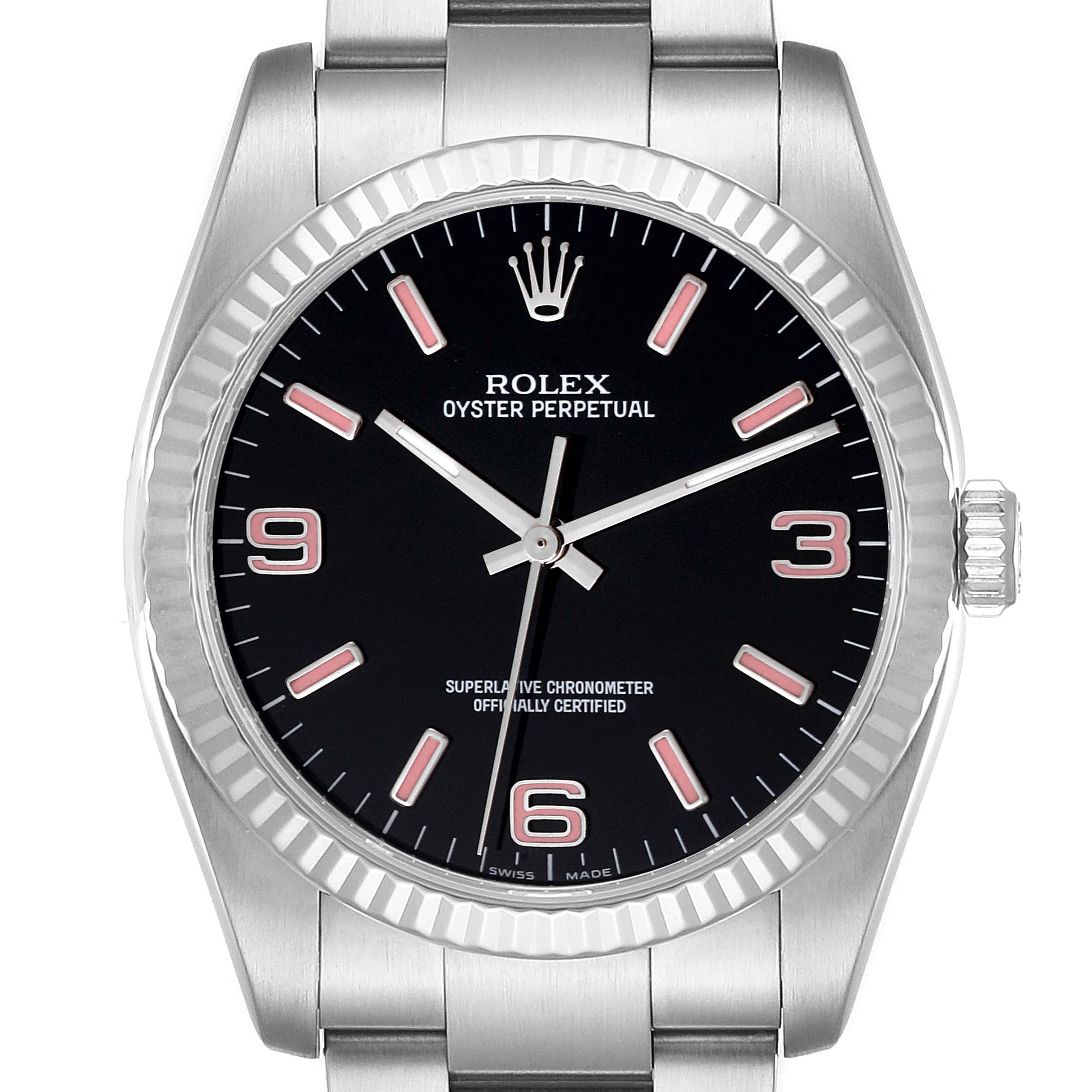 This image shows a frontal view of a Rolex Oyster Perpetual 116034 Men
s Stainless Steel Black Dial 116034 Men
s Stainless Steel Black Dial watch, highlighting its dial, bezel, crown, and part of the bracelet.