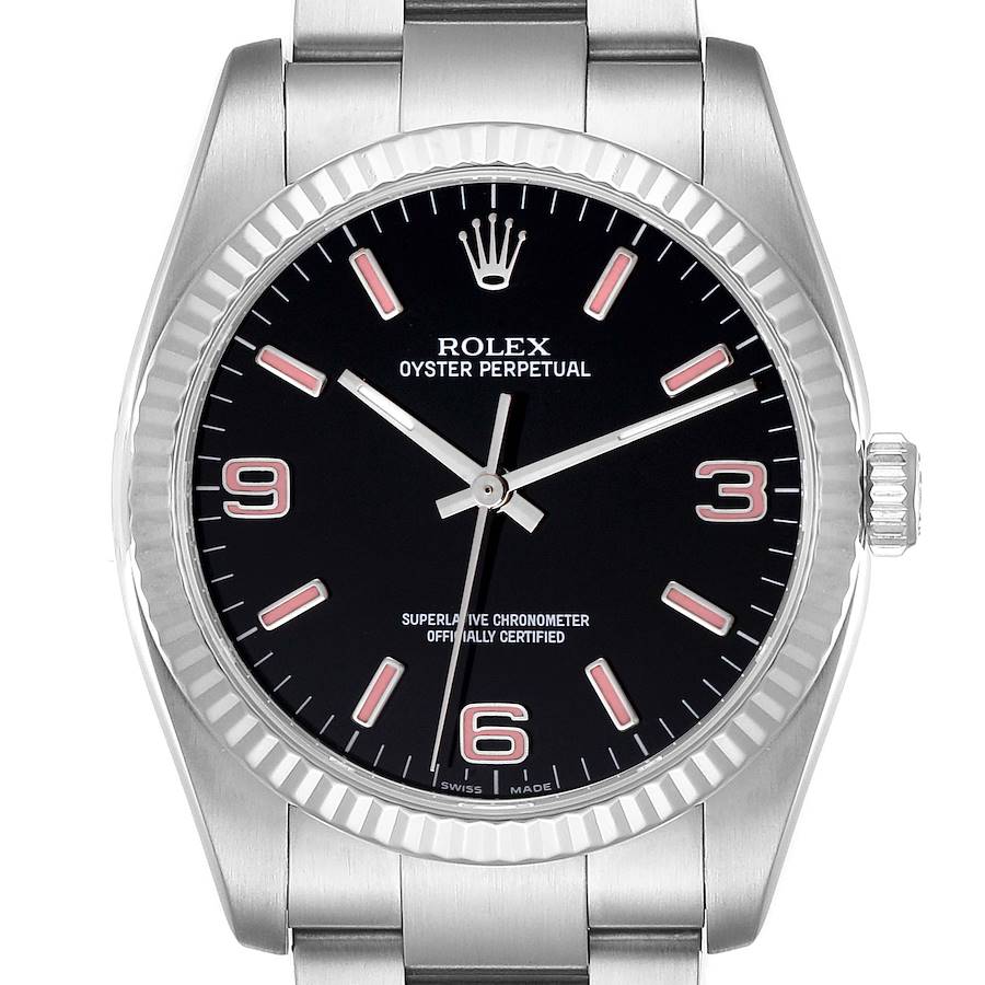 This image shows a frontal view of a Rolex Oyster Perpetual watch, highlighting its dial, bezel, crown, and part of the bracelet.