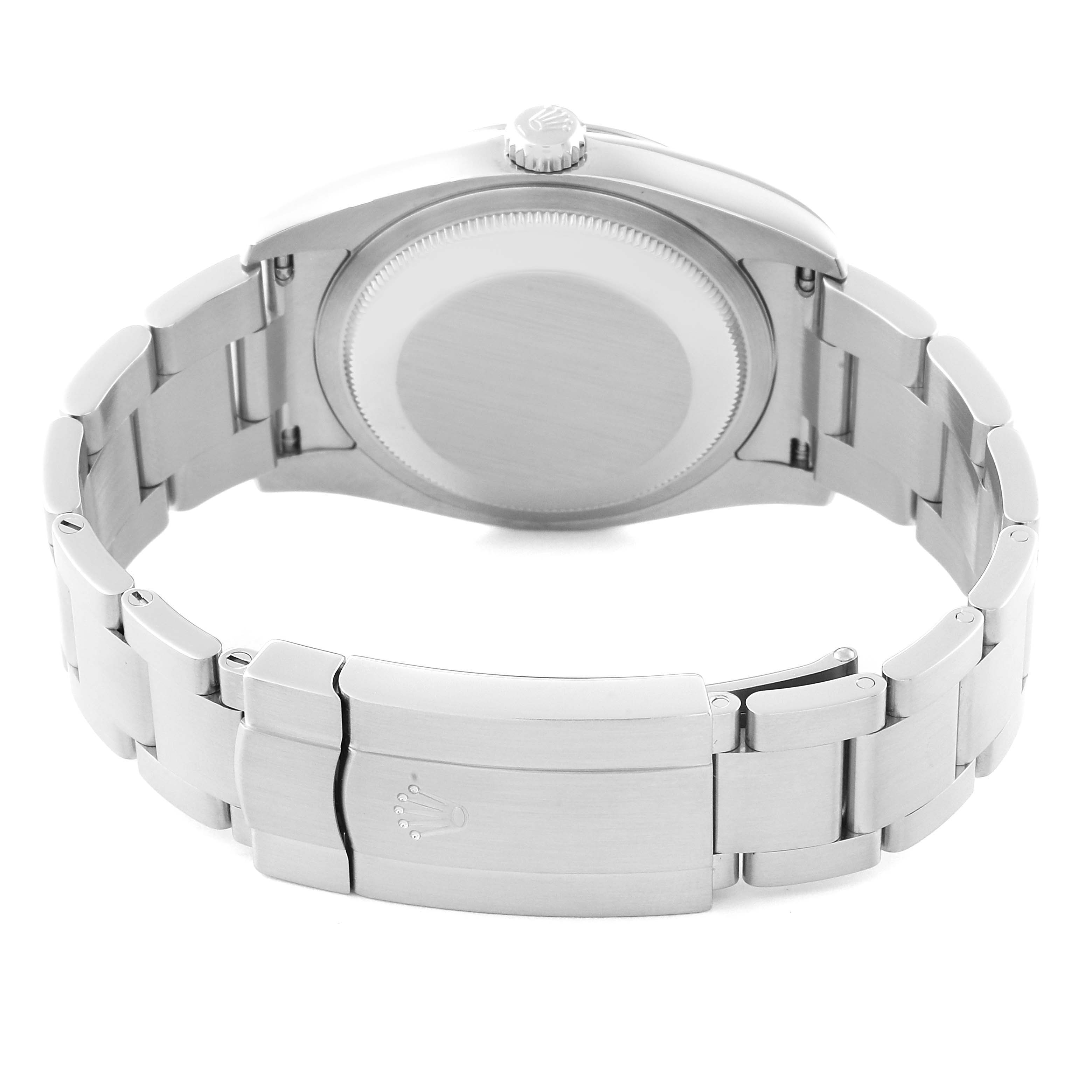 The image shows the back of a Rolex Oyster Perpetual 116034 Men
s Stainless Steel Black Dial 116034 Men
s Stainless Steel Black Dial watch, highlighting its bracelet and closed clasp.