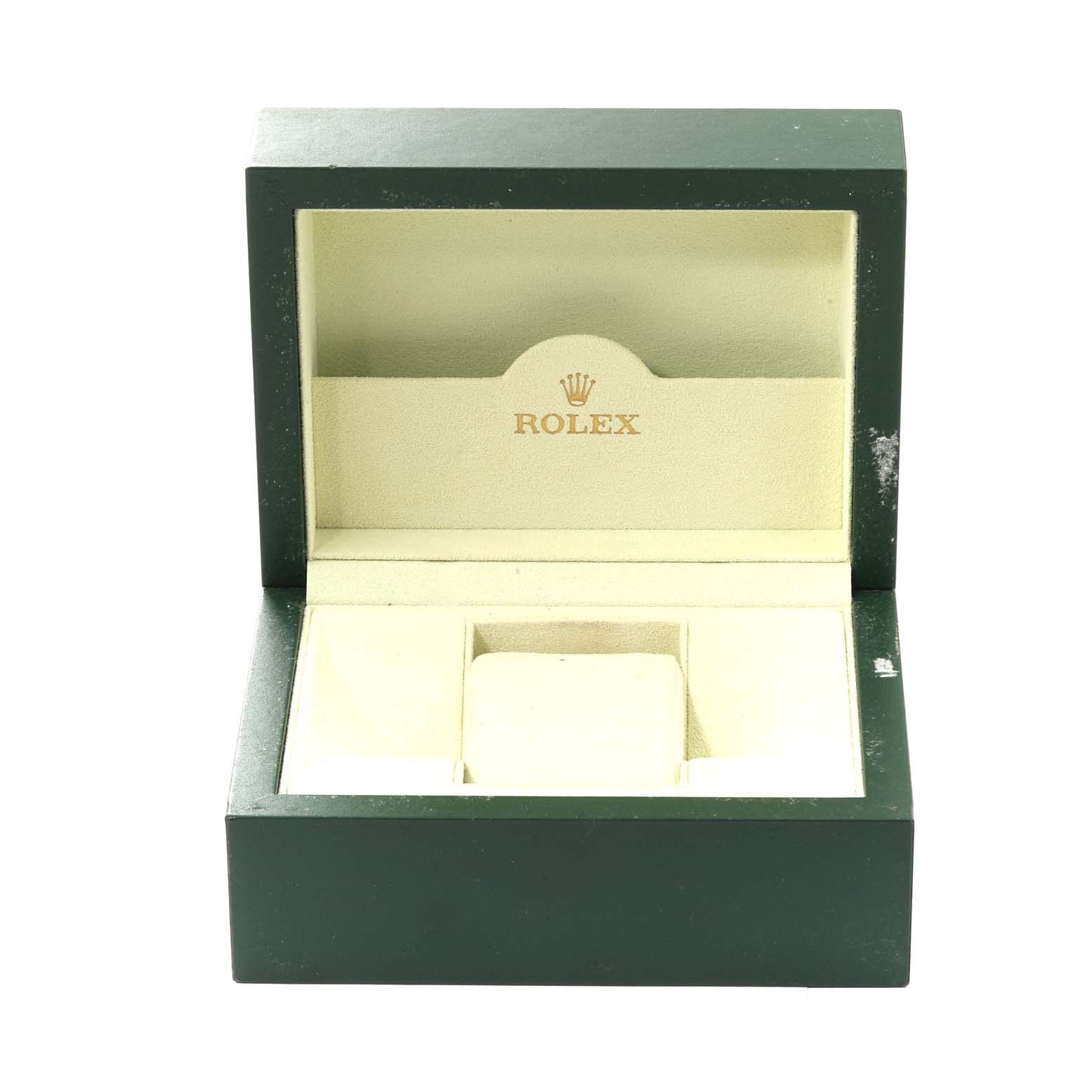 This image shows an open Rolex Oyster Perpetual 116034 Men
s Stainless Steel Black Dial 116034 Men
s Stainless Steel Black Dial watch box, revealing its cushioned interior.