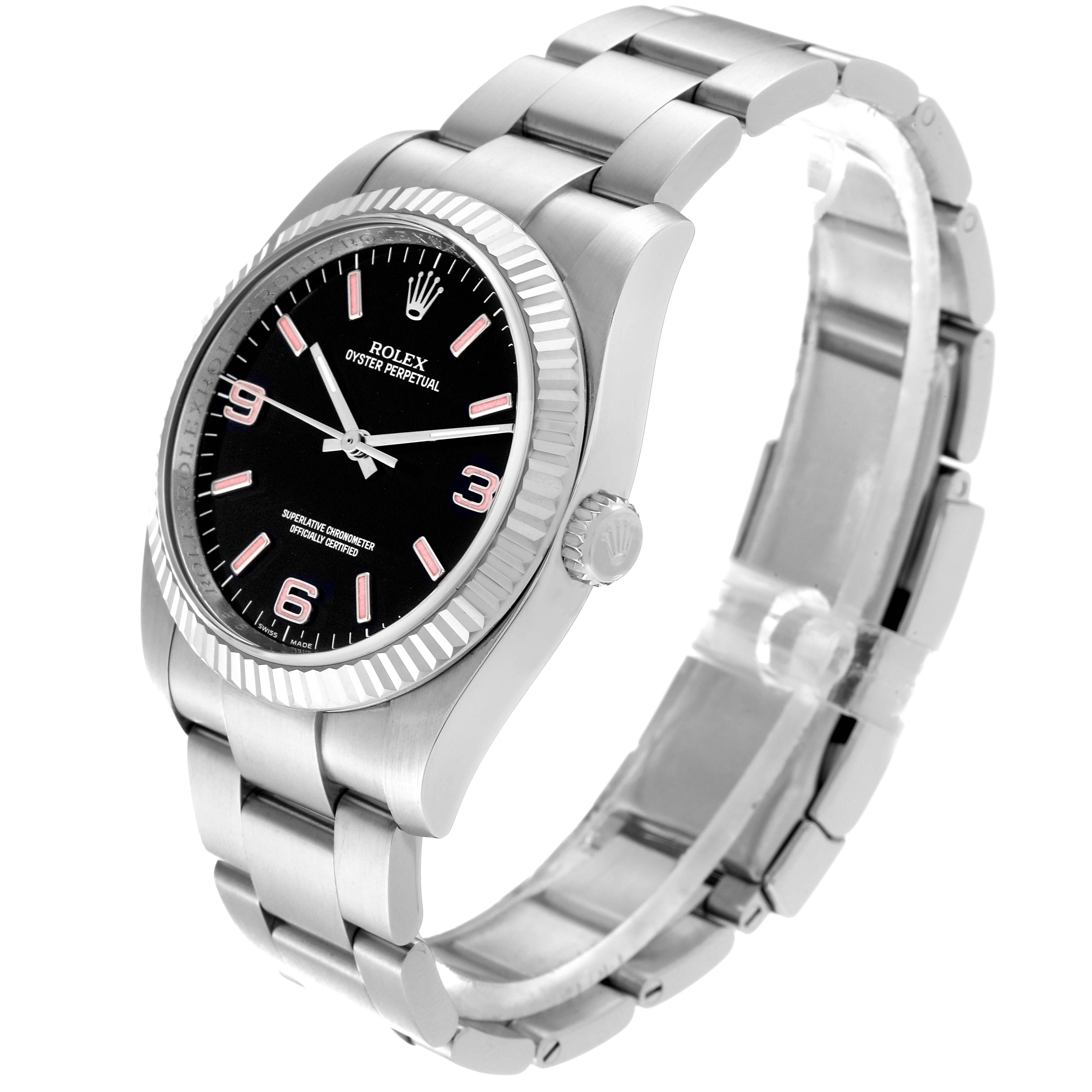 This image shows a side-angle view of the Rolex Oyster Perpetual 116034 Men
s Stainless Steel Black Dial 116034 Men
s Stainless Steel Black Dial watch, highlighting its bracelet, bezel, and crown.