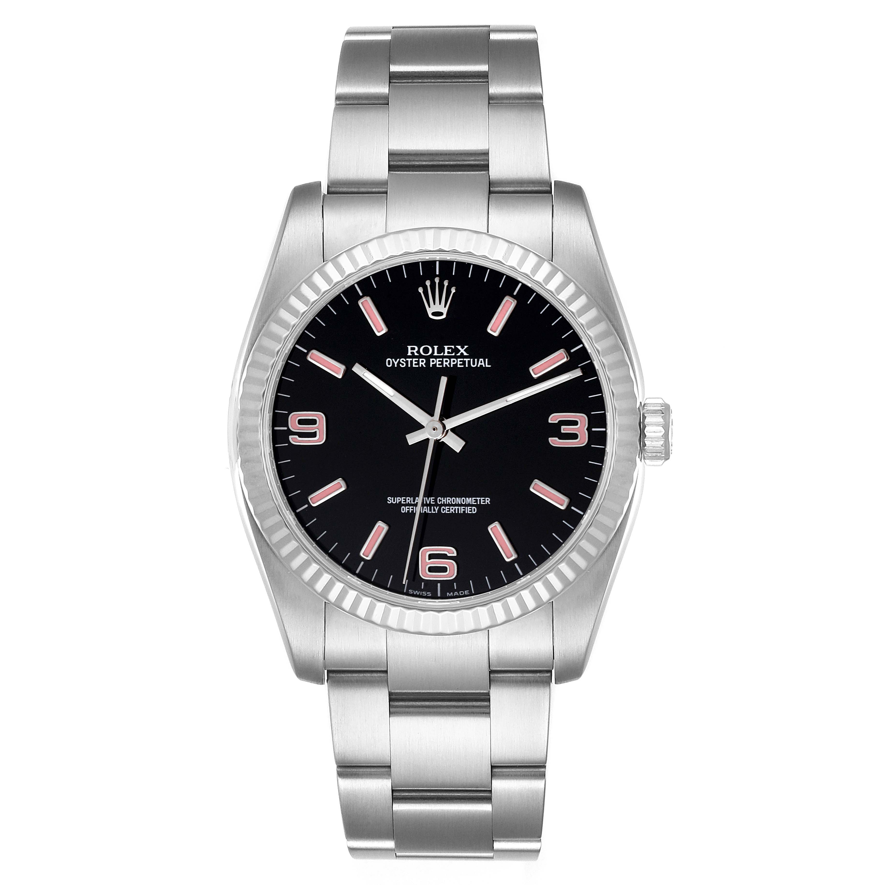This image shows a frontal view of the Rolex Oyster Perpetual 116034 Men
s Stainless Steel Black Dial 116034 Men
s Stainless Steel Black Dial watch, displaying its dial, bezel, and bracelet.