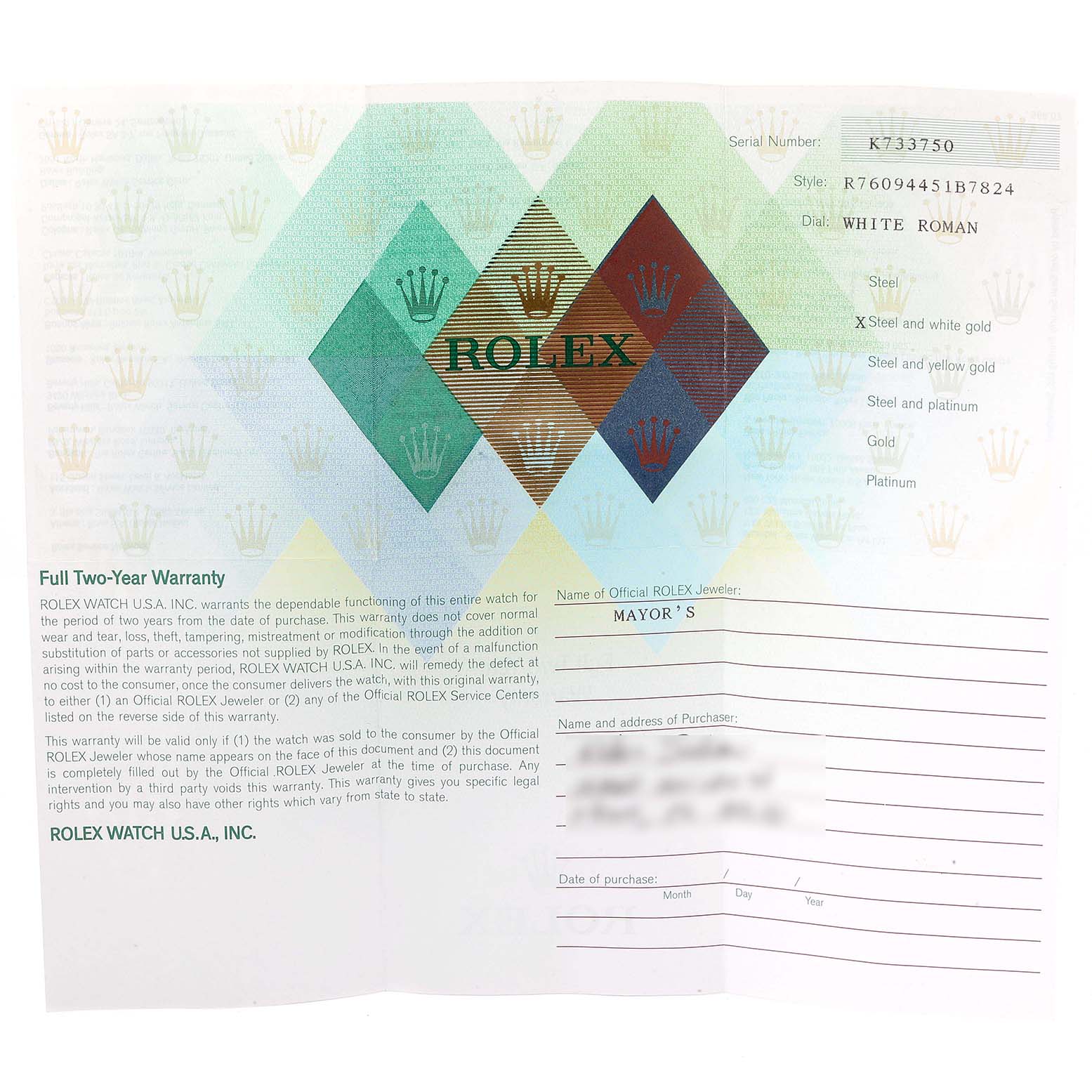 This image shows the warranty card and details for a Rolex Oyster Perpetual 76094 Women
s Stainless Steel White Dial 76094 Women
s Stainless Steel White Dial watch.