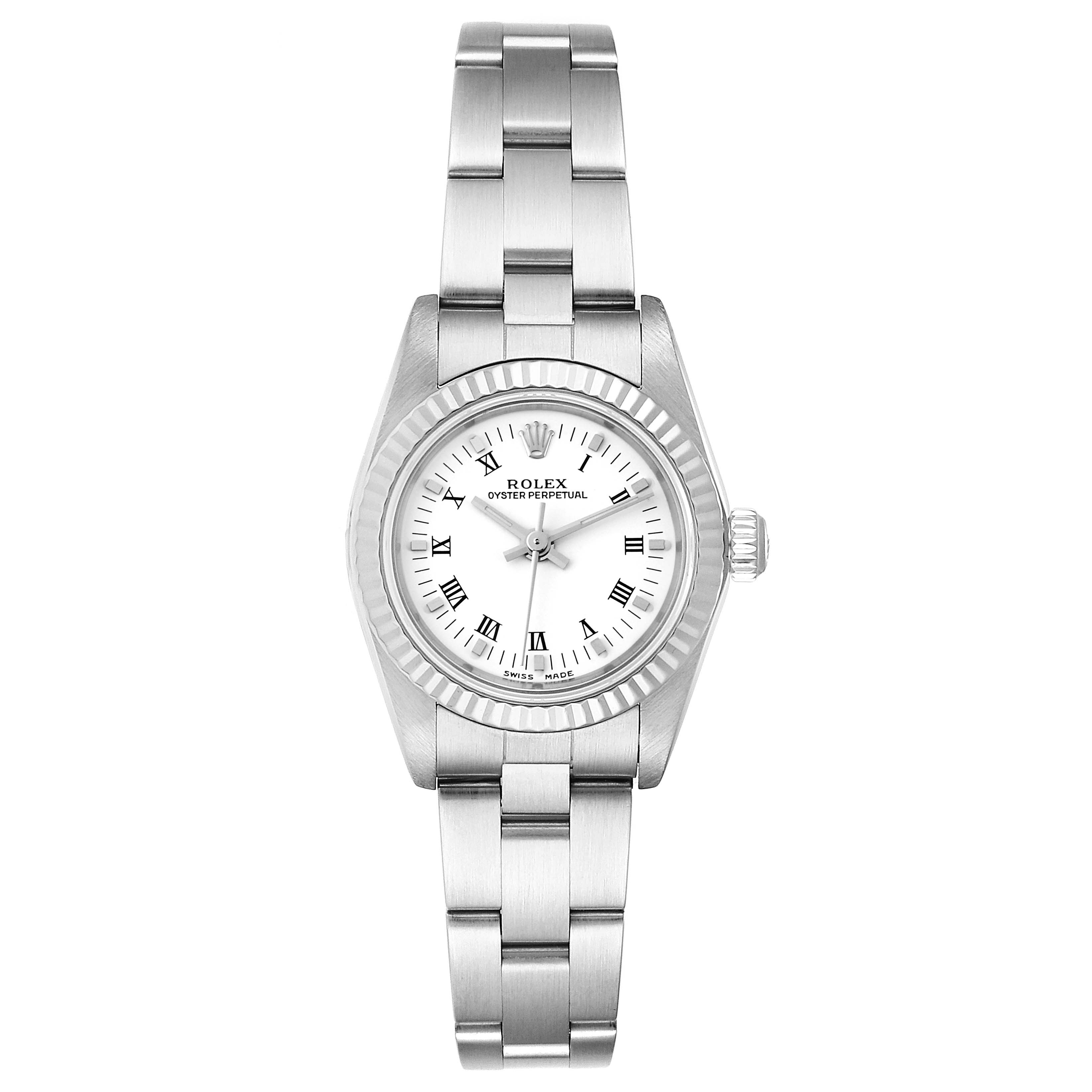 This image shows a Rolex Oyster Perpetual 76094 Women
s Stainless Steel White Dial 76094 Women
s Stainless Steel White Dial watch from a top view, highlighting its bracelet, dial, bezel, and crown.