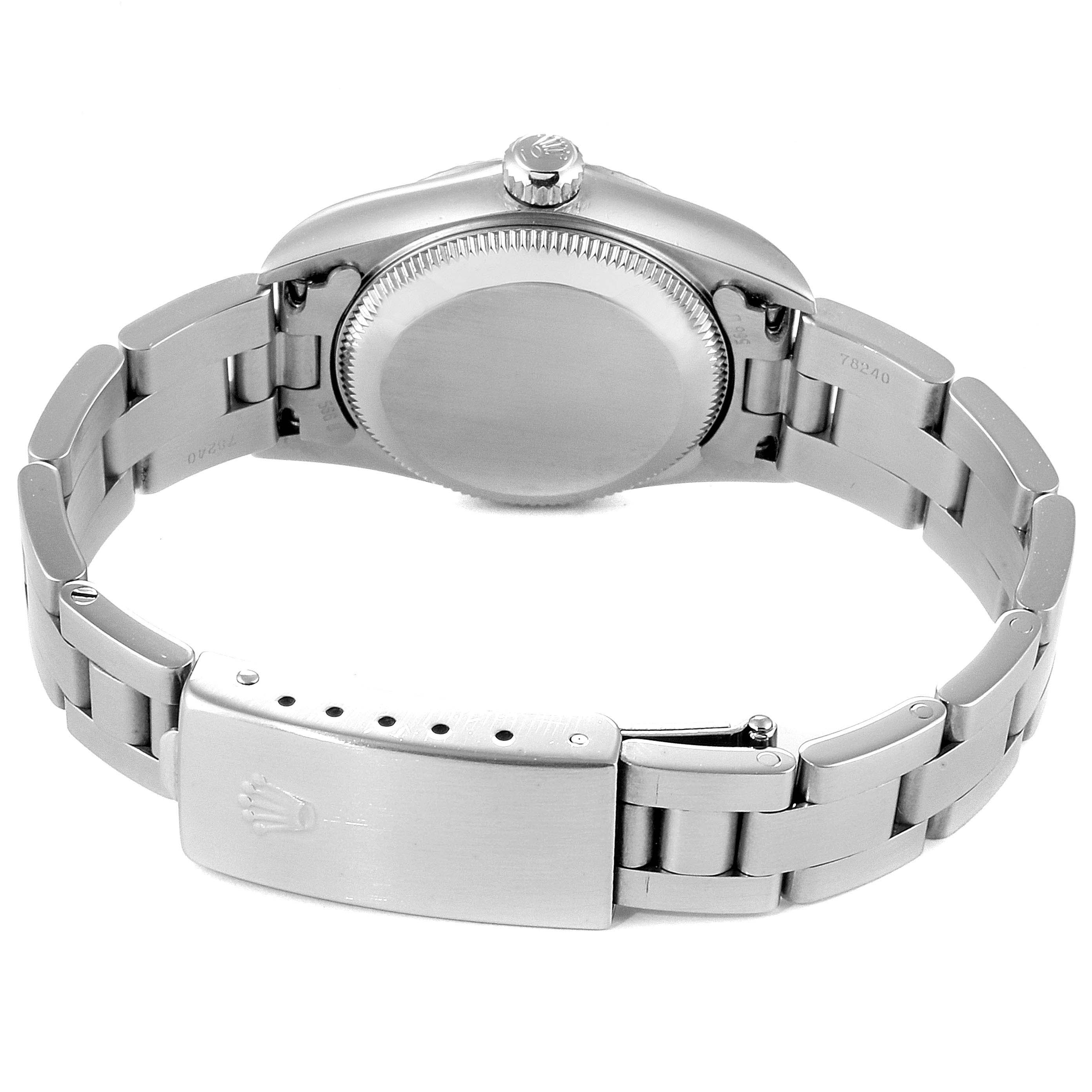 This image shows the back casing and bracelet of a Rolex Oyster Perpetual 76094 Women
s Stainless Steel White Dial 76094 Women
s Stainless Steel White Dial watch from the rear angle.
