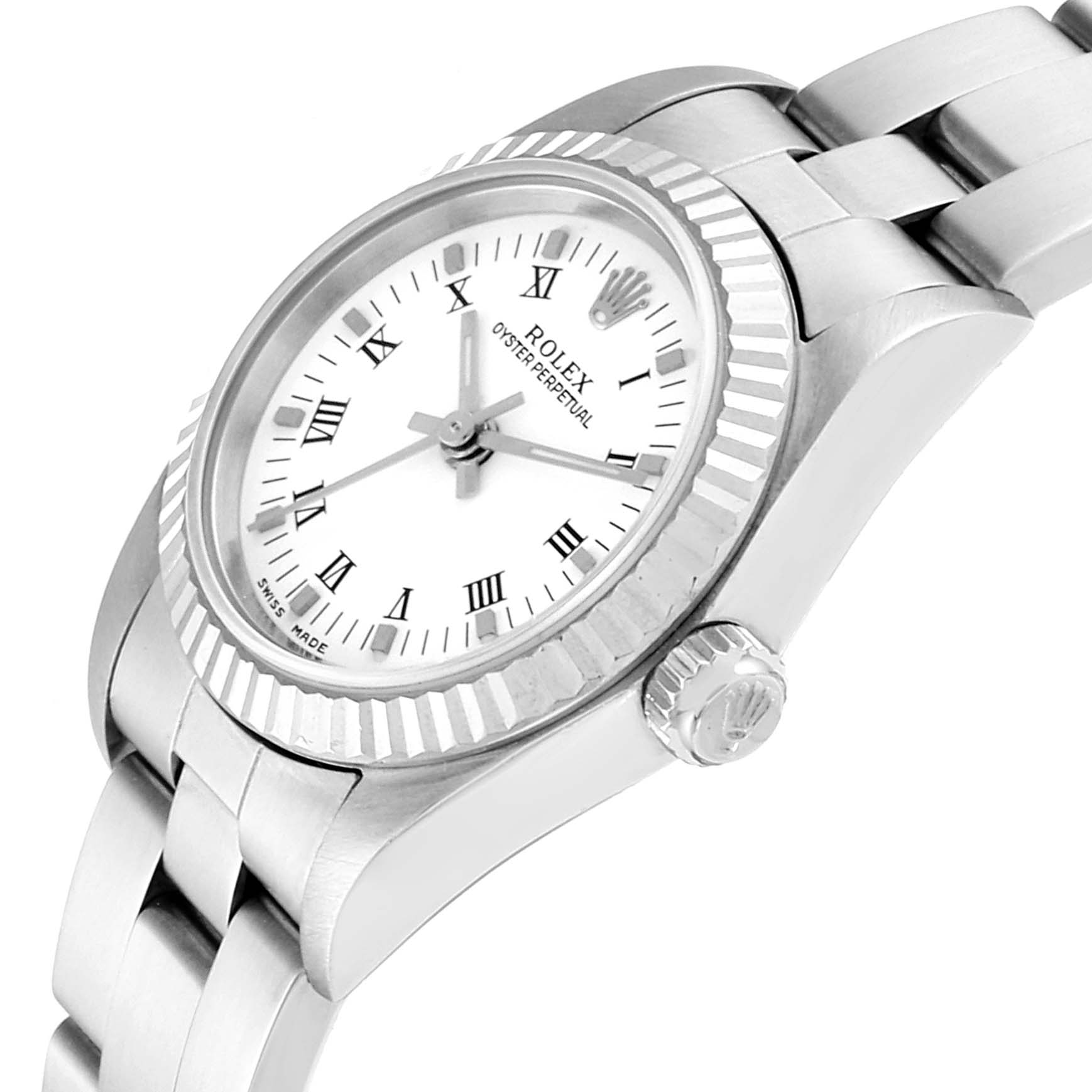 The image shows a Rolex Oyster Perpetual 76094 Women
s Stainless Steel White Dial 76094 Women
s Stainless Steel White Dial watch from a side angle highlighting the case, bezel, dial, and part of the bracelet.