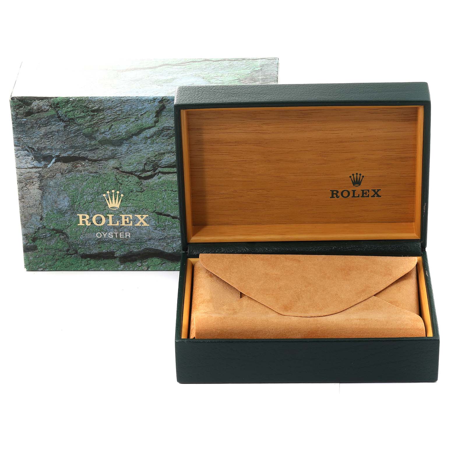 This image shows the packaging box and inner leather pouch for a Rolex Oyster Perpetual 14203 Men's Steel and Gold (two tone) Grey Dial 14203 Men's Steel and Gold (two tone) Grey Dial watch.
