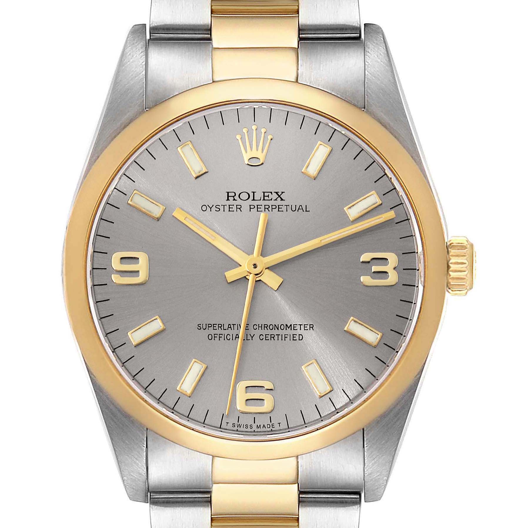 The image shows a front view of a Rolex Oyster Perpetual 14203 Men's Steel and Gold (two tone) Grey Dial 14203 Men's Steel and Gold (two tone) Grey Dial watch, highlighting its gold and silver casing and bracelet.