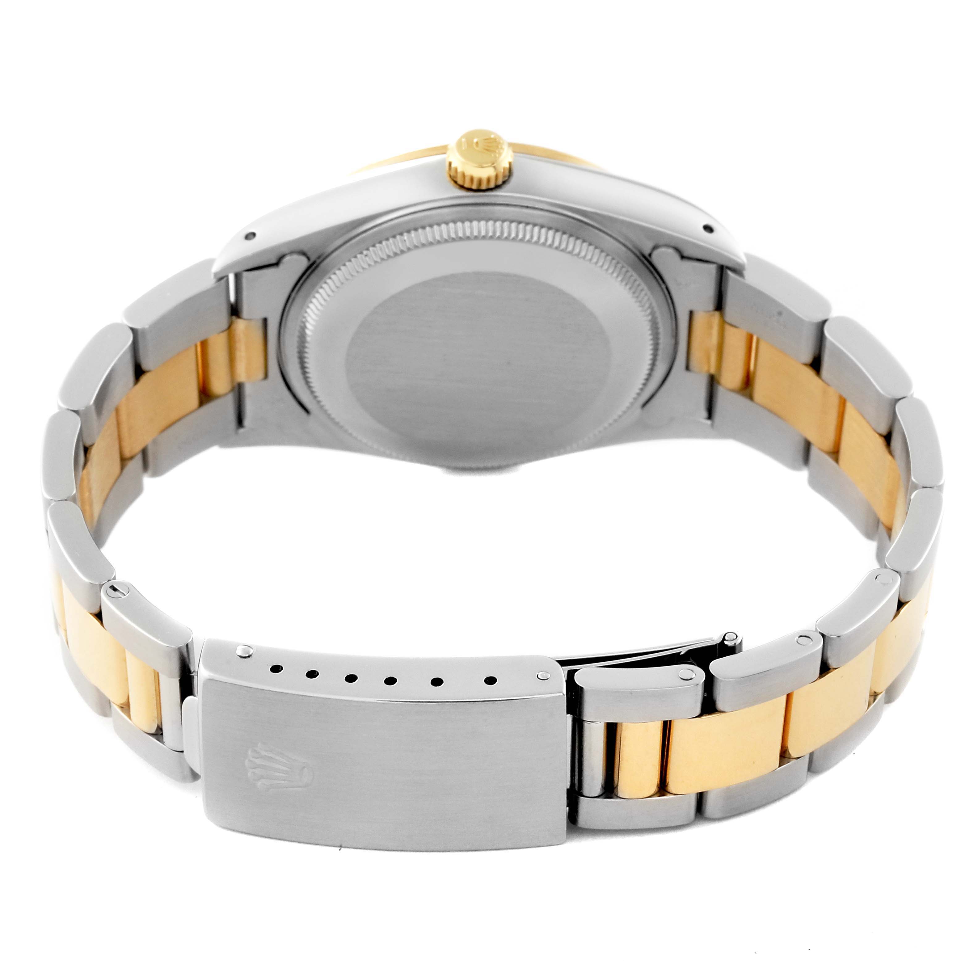 This image shows the back case and bracelet of the Rolex Oyster Perpetual 14203 Men's Steel and Gold (two tone) Grey Dial 14203 Men's Steel and Gold (two tone) Grey Dial watch, highlighting the two-tone metal design and clasp.