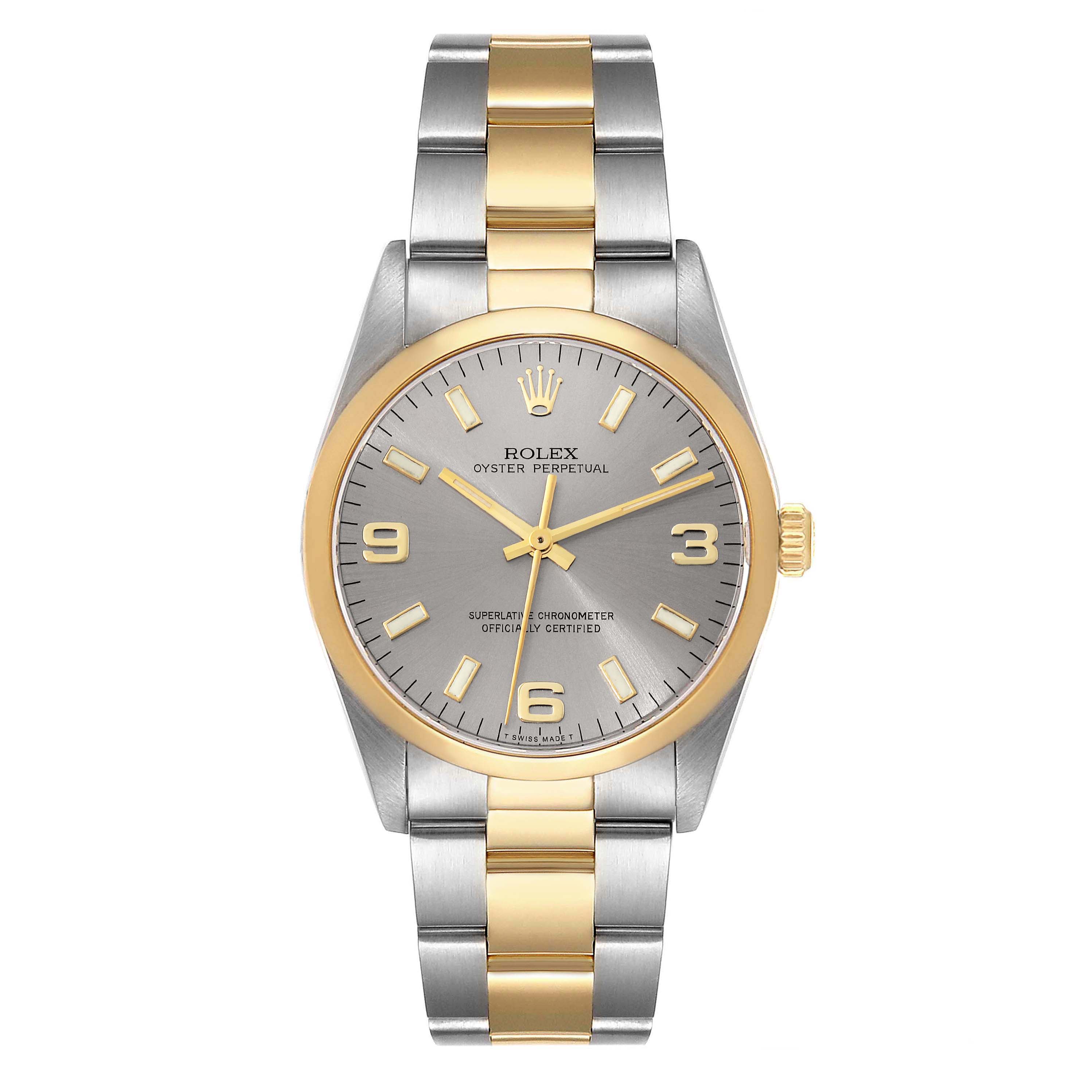 The image shows a frontal view of a Rolex Oyster Perpetual 14203 Men's Steel and Gold (two tone) Grey Dial 14203 Men's Steel and Gold (two tone) Grey Dial watch, highlighting its two-tone band and grey dial.