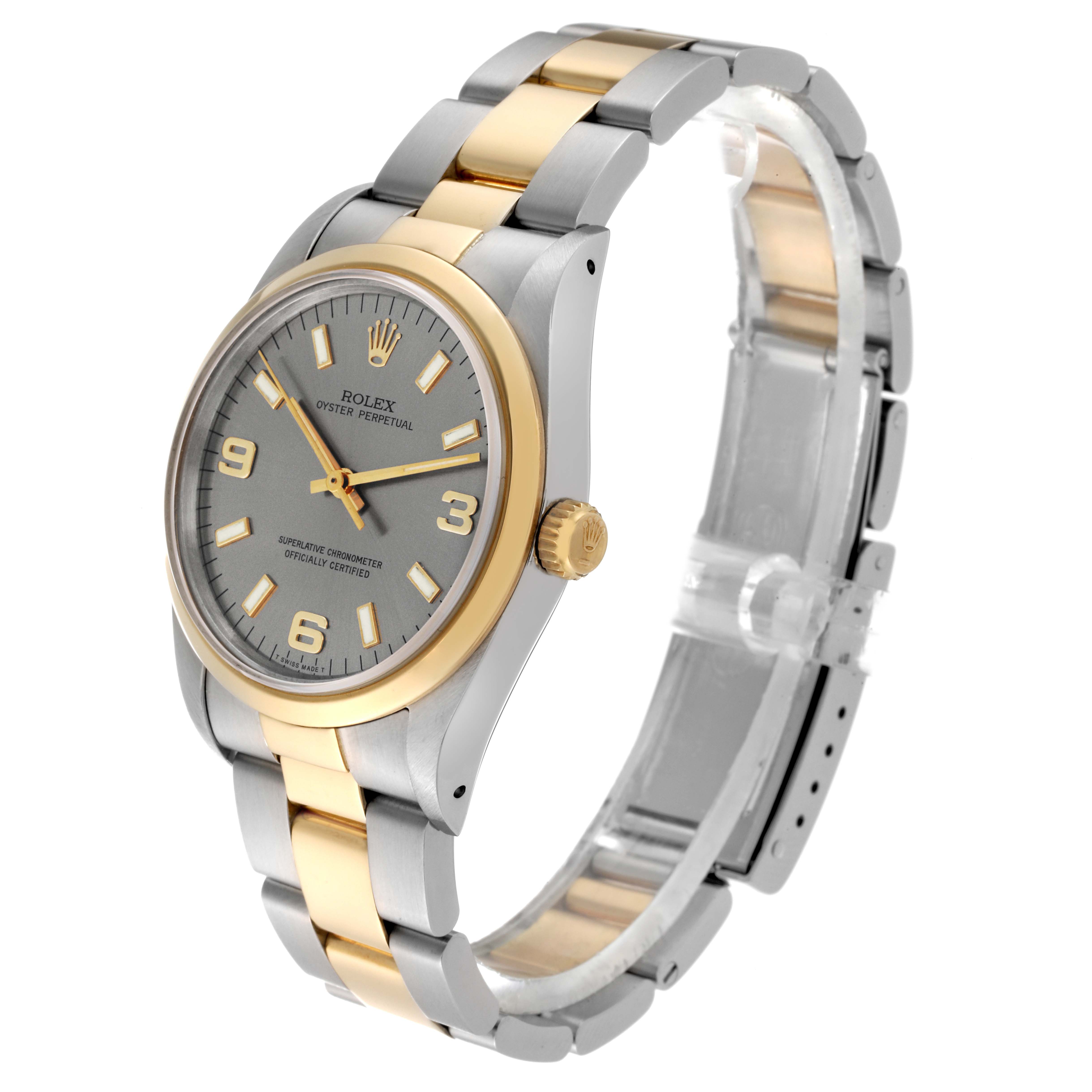 The image shows a side and front angle of the Rolex Oyster Perpetual 14203 Men's Steel and Gold (two tone) Grey Dial 14203 Men's Steel and Gold (two tone) Grey Dial watch, highlighting the dial, bezel, and bracelet.