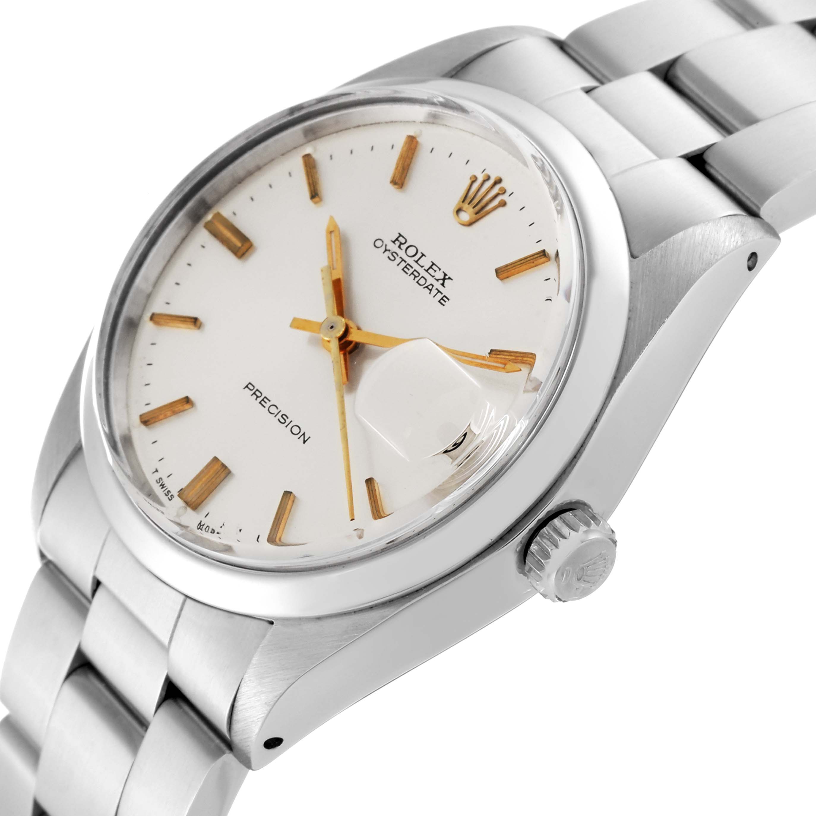 This image shows a close-up angle of the Rolex Vintage Collection 6694 Men's Stainless Steel Silver Dial 6694 Men's Stainless Steel Silver Dial Oysterdate watch, highlighting its face, crown, and part of the bracelet.