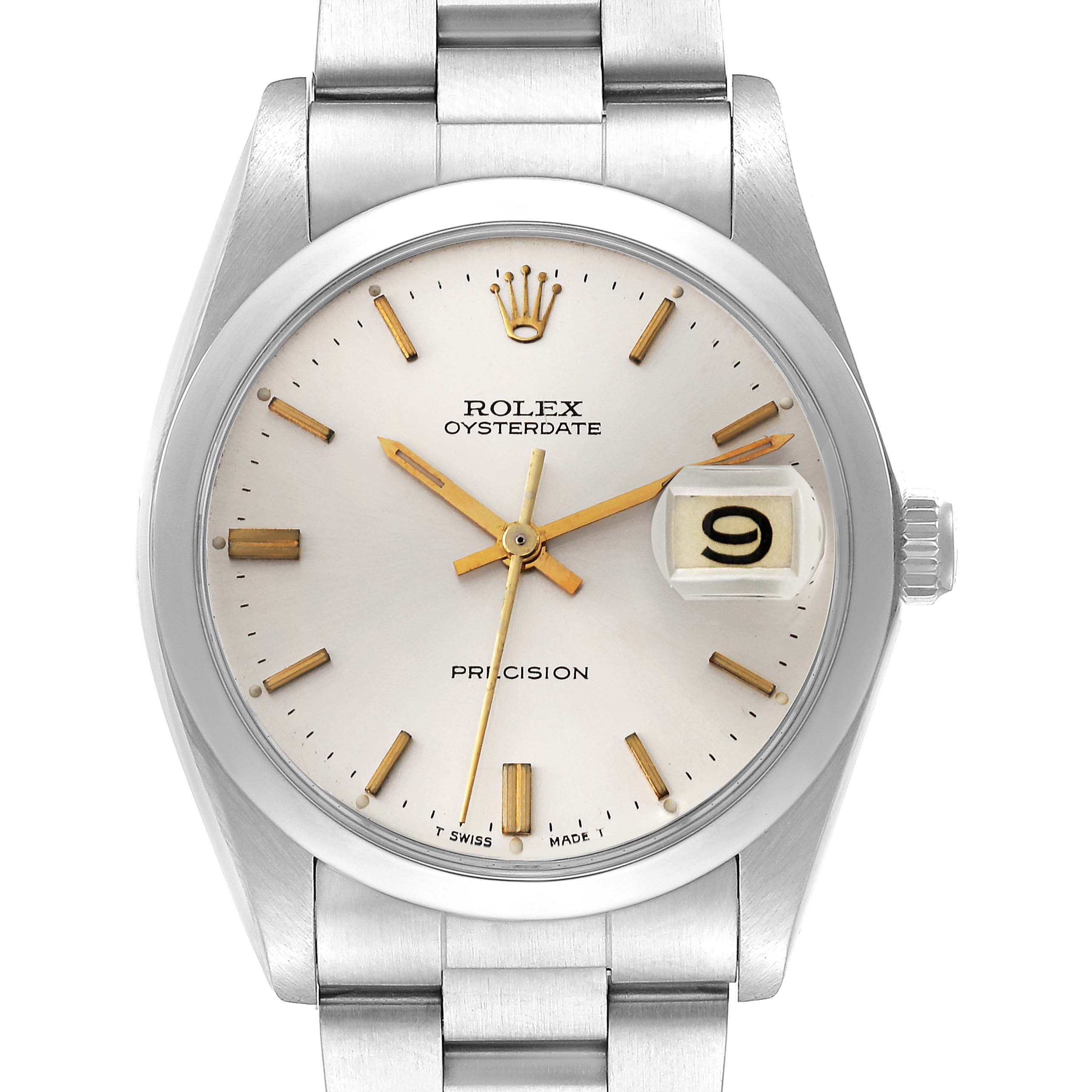 The image shows a front view of the Rolex Vintage Collection 6694 Men's Stainless Steel Silver Dial 6694 Men's Stainless Steel Silver Dial model, highlighting its dial, date window, and metal bracelet.