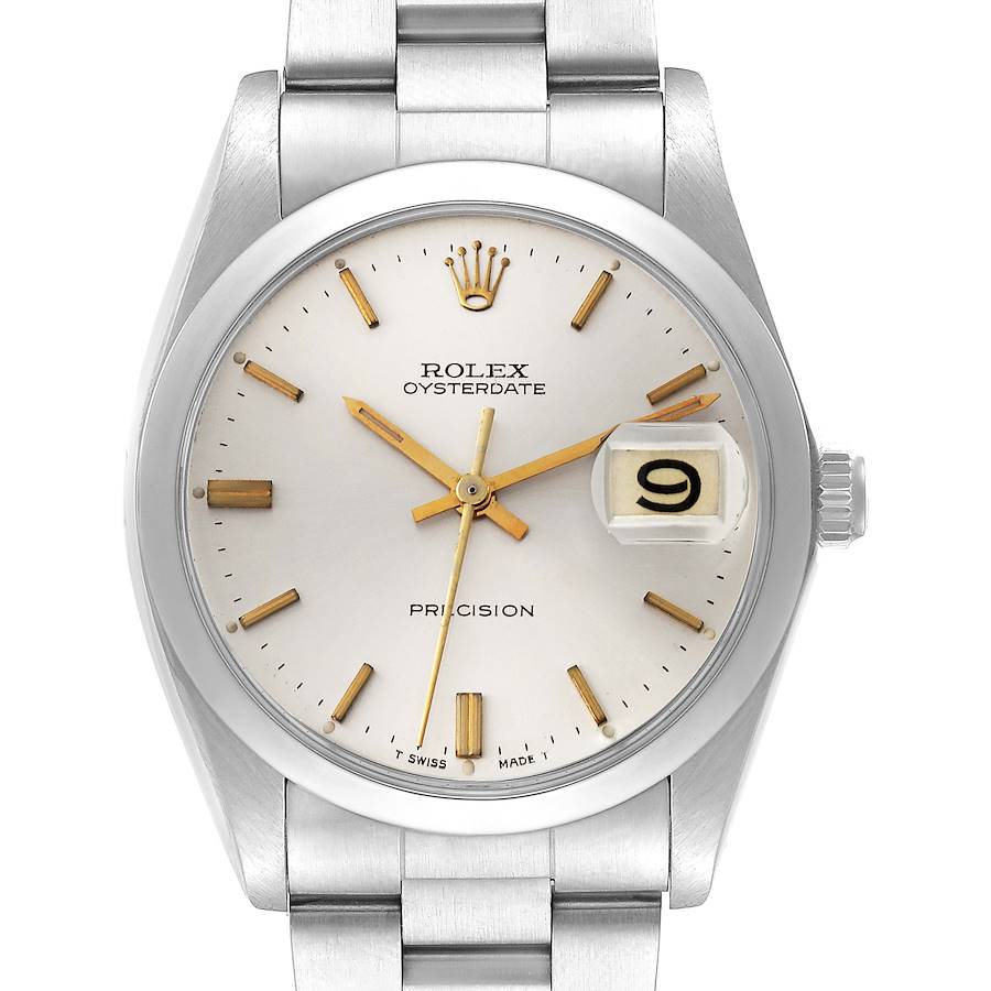 The image shows a front view of the Rolex Vintage Collection model, highlighting its dial, date window, and metal bracelet.