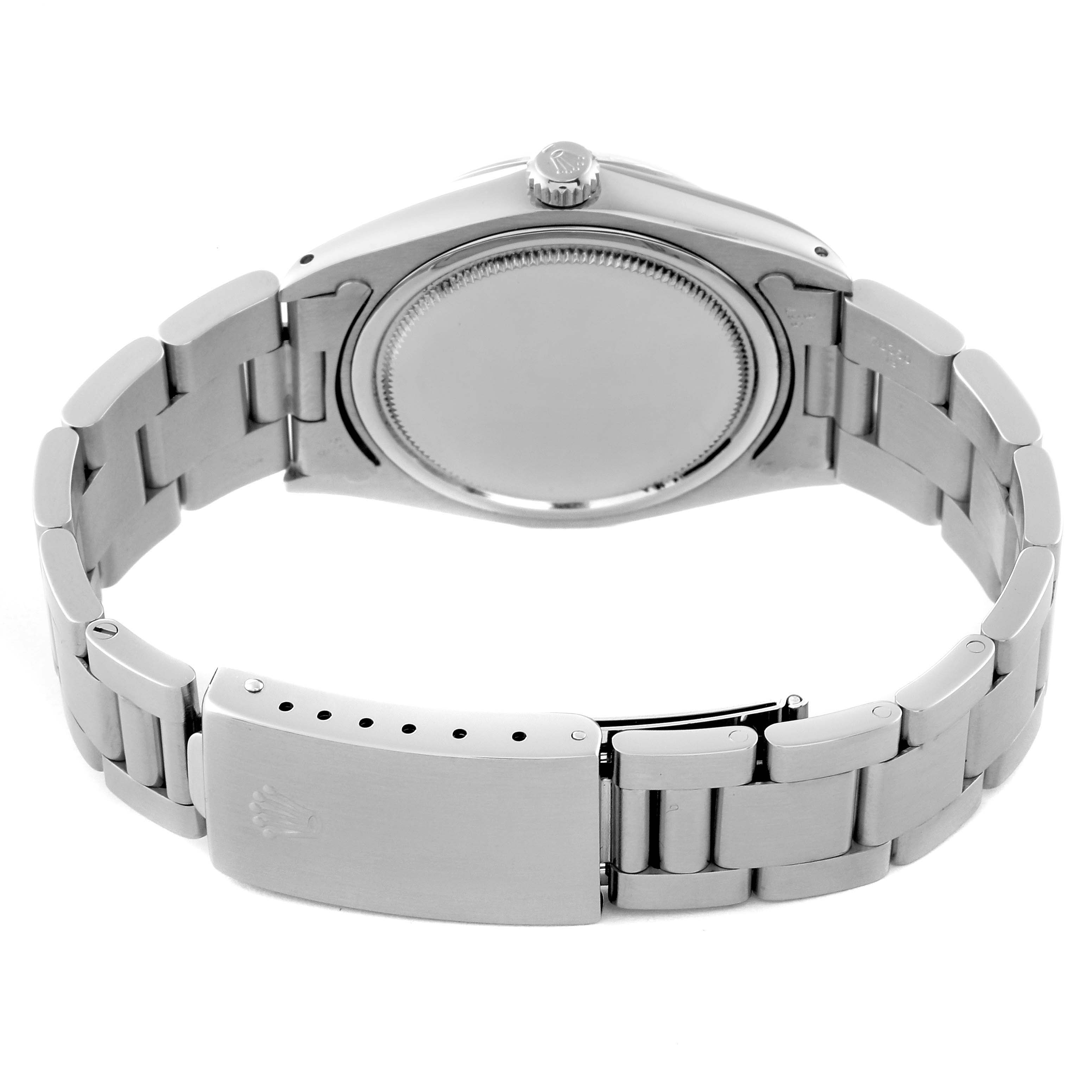 The image shows the case back, crown, and bracelet clasp of a Rolex Vintage Collection 6694 Men's Stainless Steel Silver Dial 6694 Men's Stainless Steel Silver Dial model watch from a rear angle.