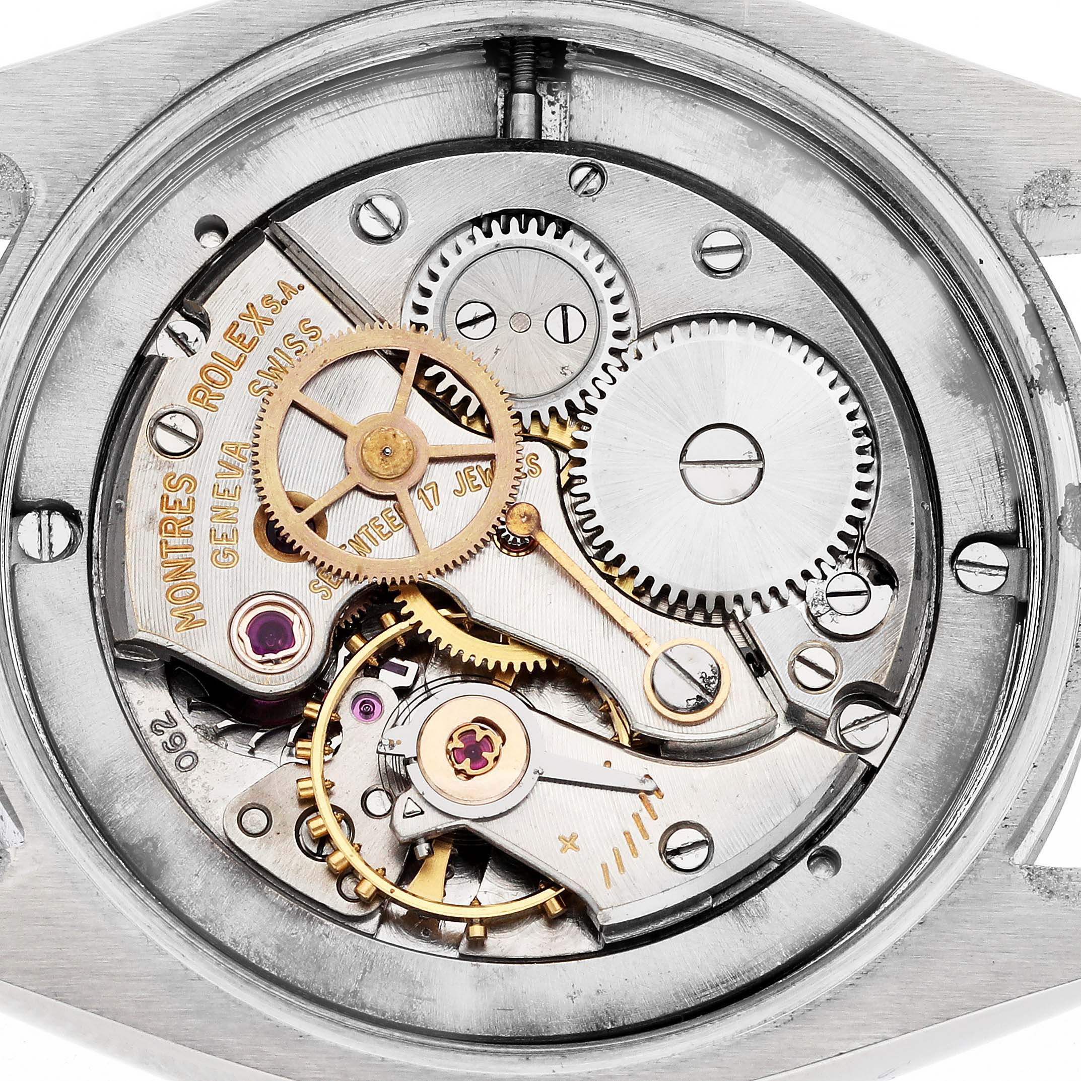 This image shows the internal movement mechanism of a Rolex Vintage Collection 6694 Men's Stainless Steel Silver Dial 6694 Men's Stainless Steel Silver Dial watch, highlighting its gears and components.