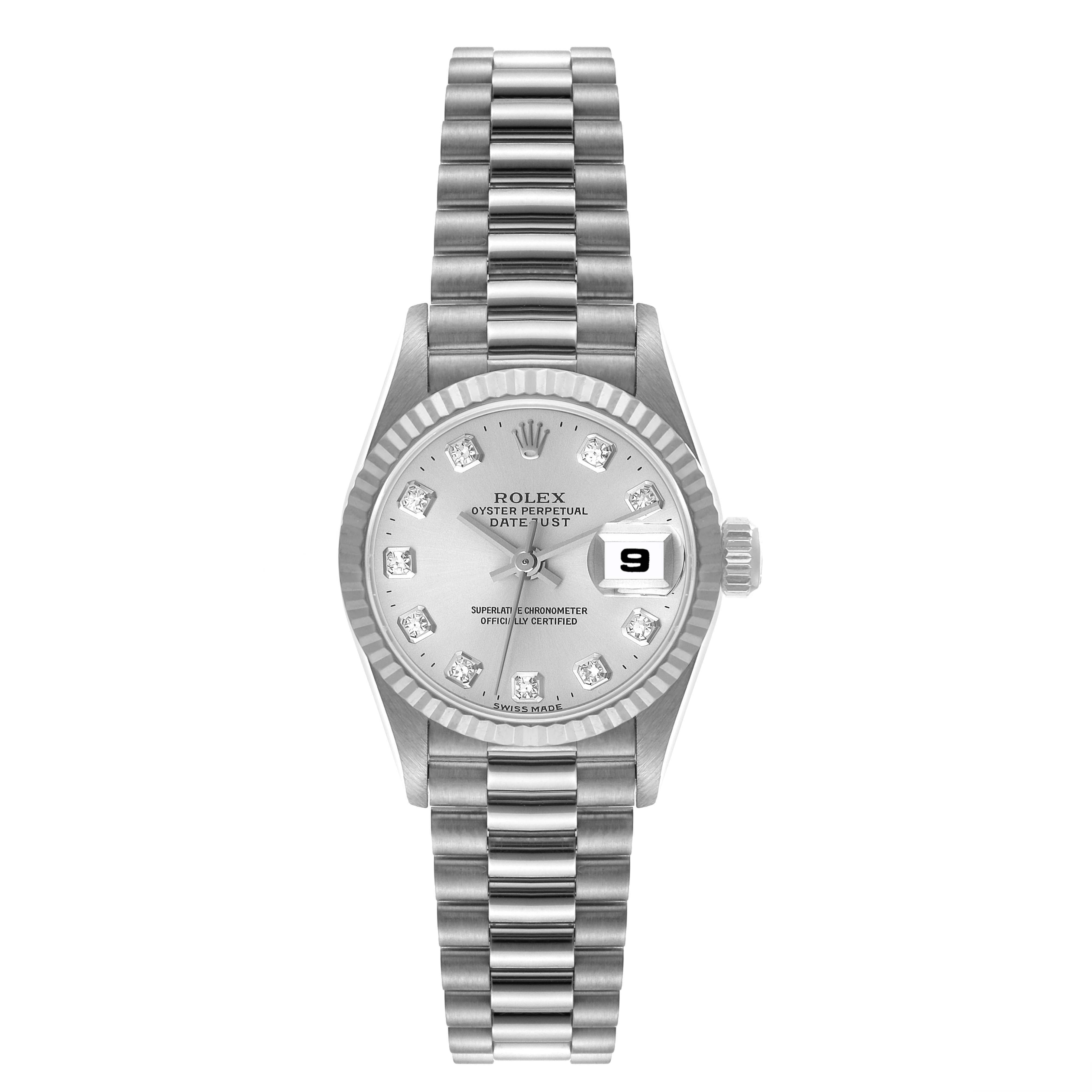 The Rolex President 69179 Women's White Gold Silver Dial 69179 Women's White Gold Silver Dial model watch is shown from the front, highlighting the dial, bezel, bracelet, and date window.