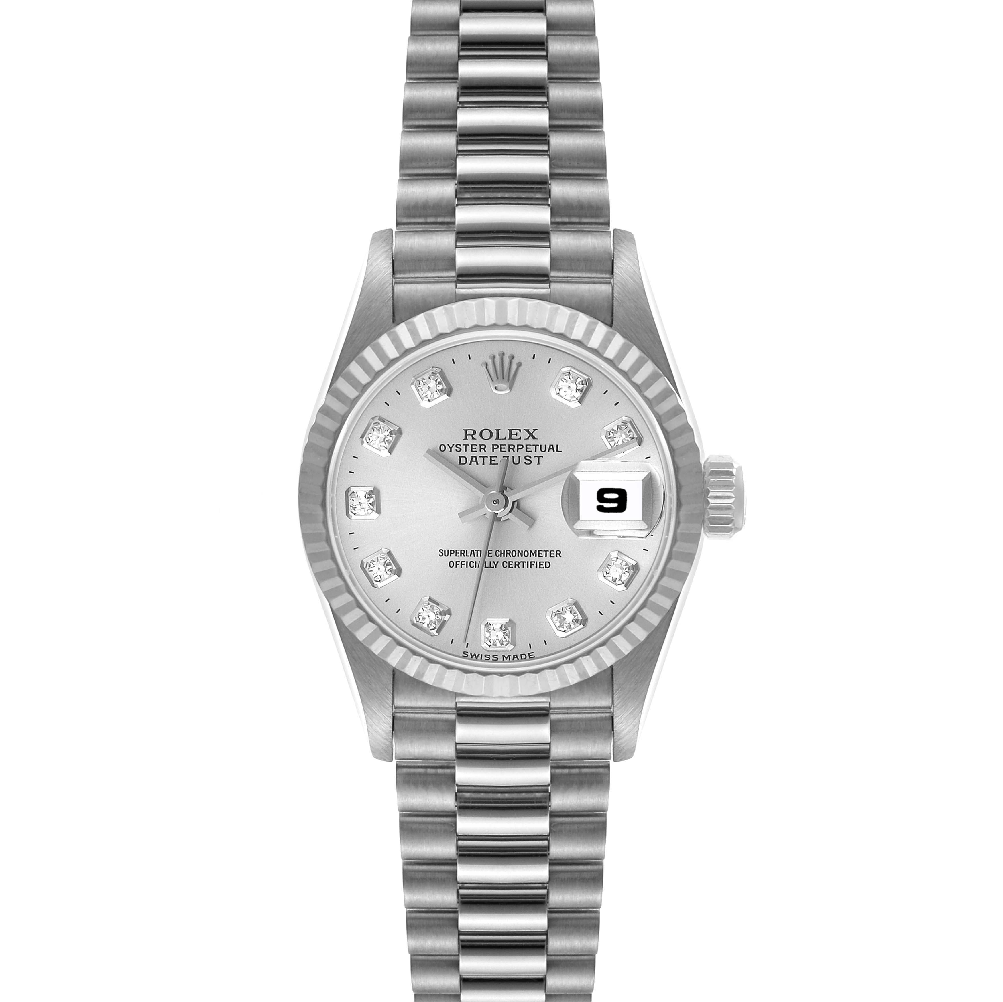 This image shows a Rolex President 69179 Women's White Gold Silver Dial 69179 Women's White Gold Silver Dial model watch from a front angle, highlighting its dial, date magnifier, hour markers, and bracelet.