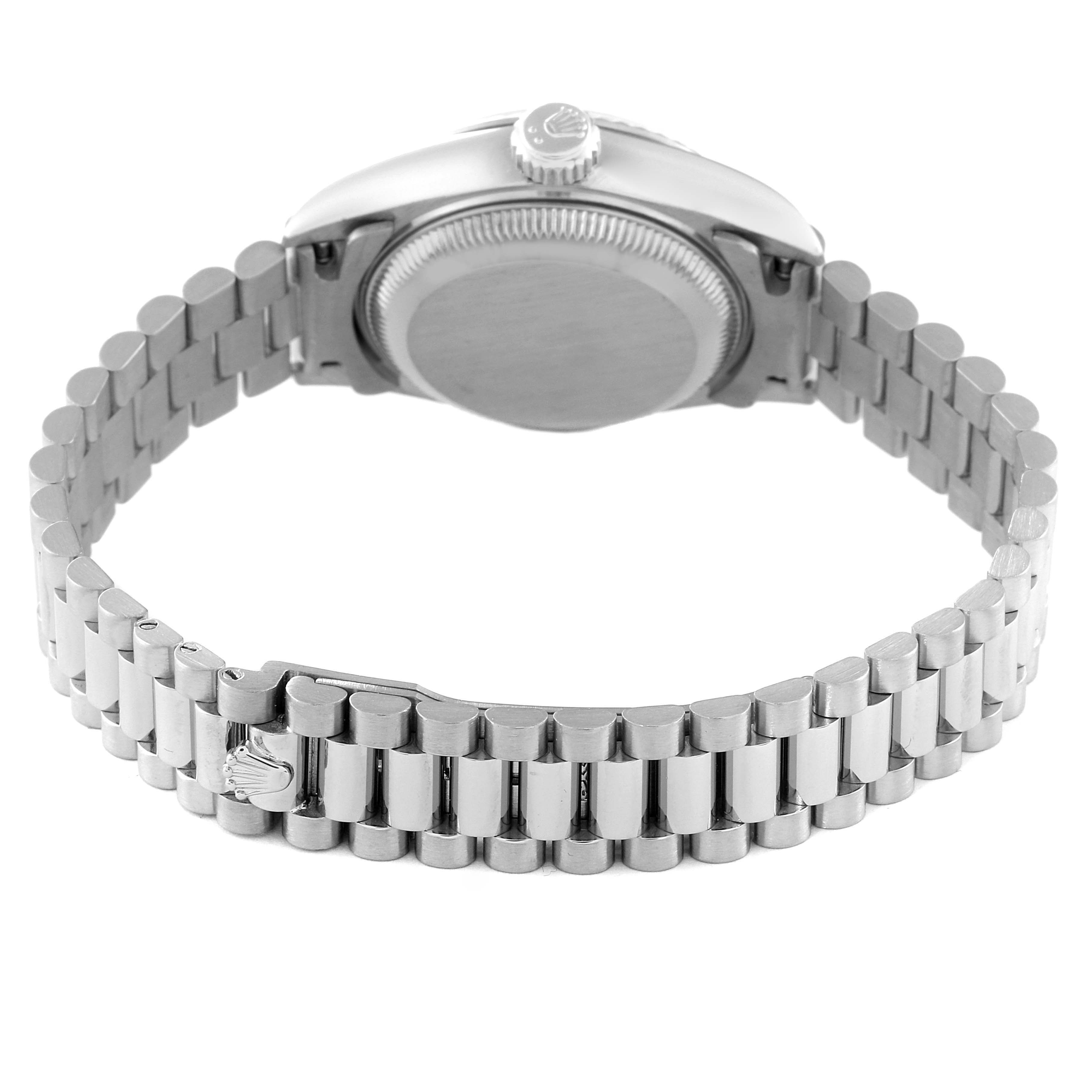 This image shows the back view and the bracelet of a Rolex President 69179 Women's White Gold Silver Dial 69179 Women's White Gold Silver Dial model watch.