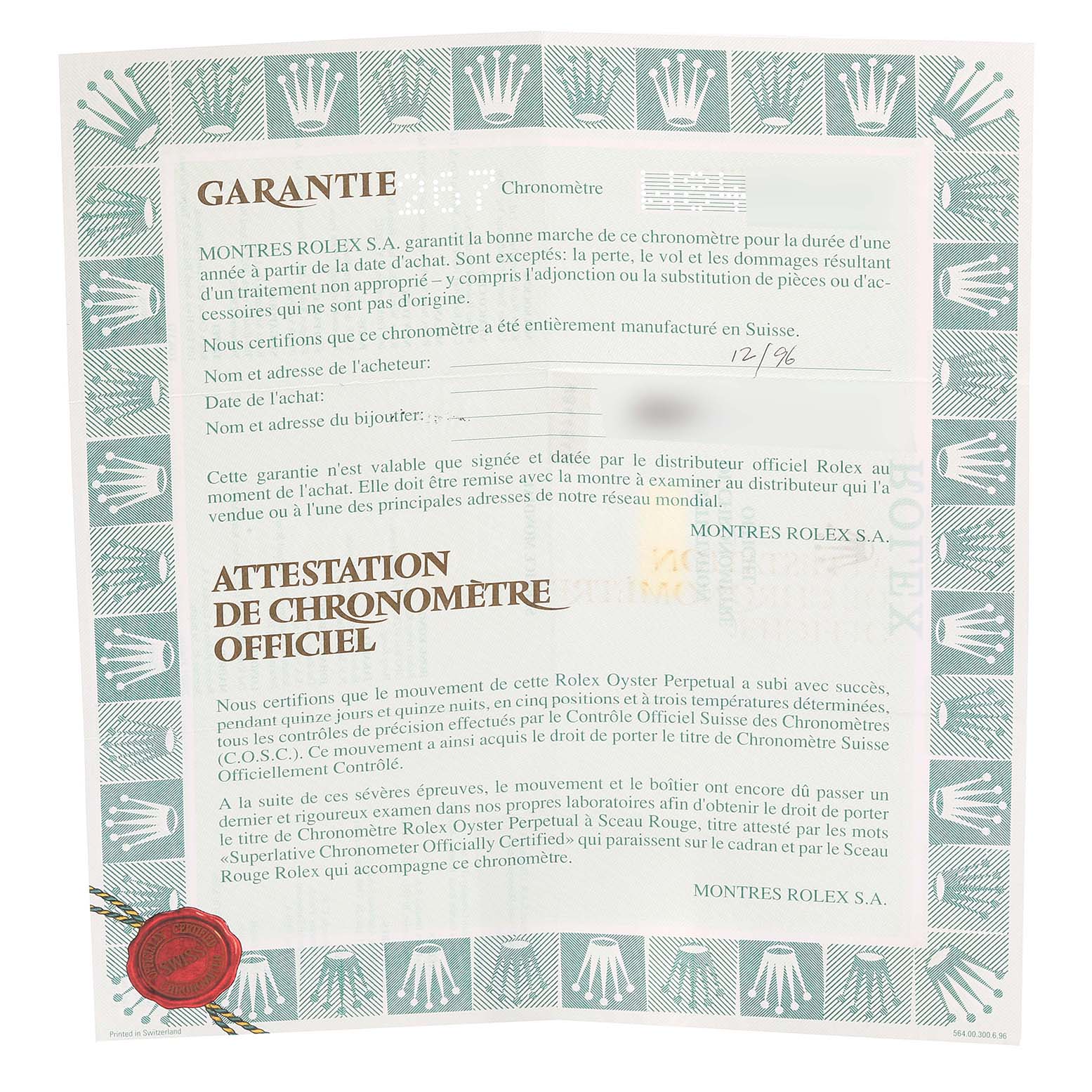 This image shows a certificate of authenticity and guarantee for a Rolex President 69179 Women's White Gold Silver Dial 69179 Women's White Gold Silver Dial model watch.