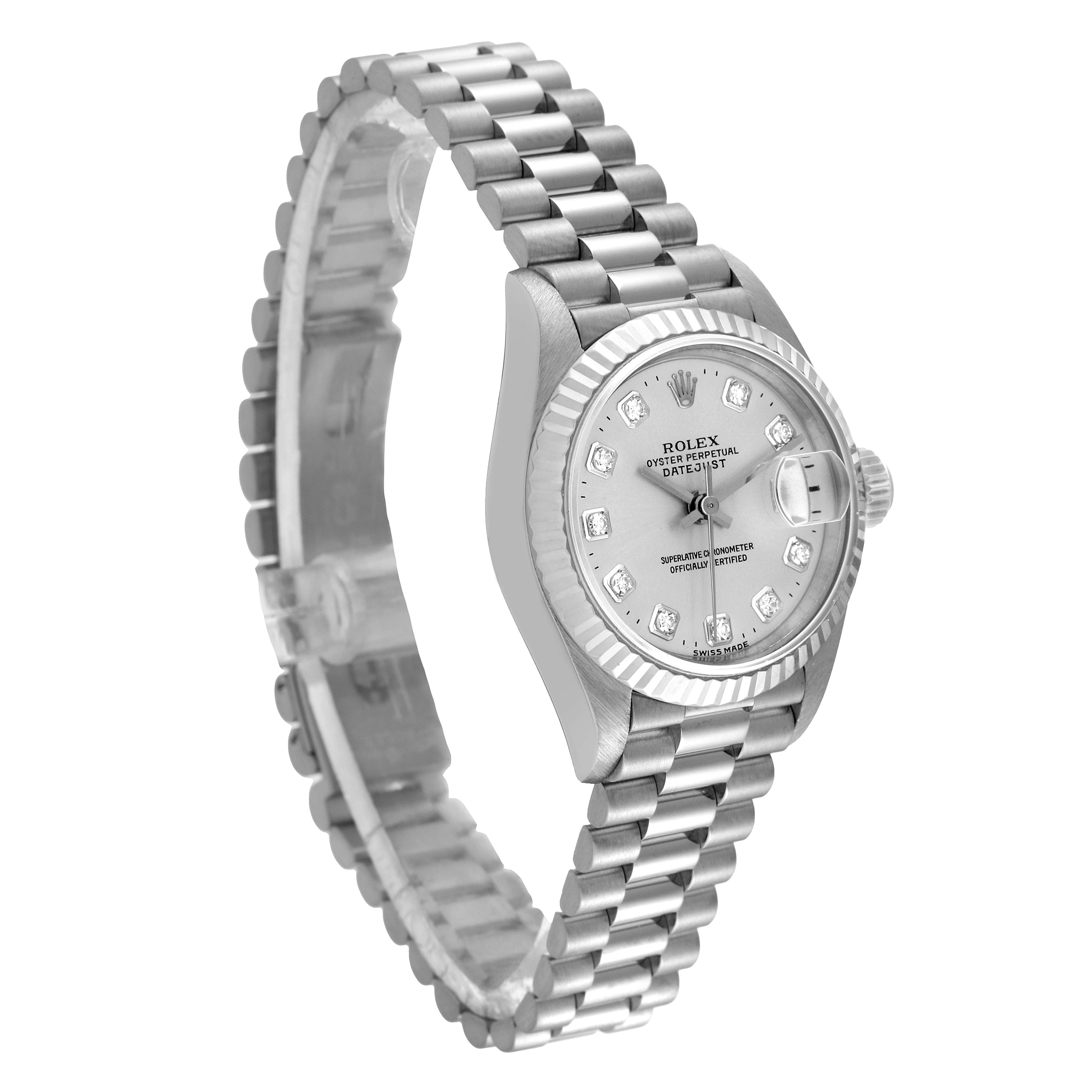 The image shows a Rolex President 69179 Women's White Gold Silver Dial 69179 Women's White Gold Silver Dial watch from a three-quarter view, highlighting the dial, bezel, crown, and bracelet.