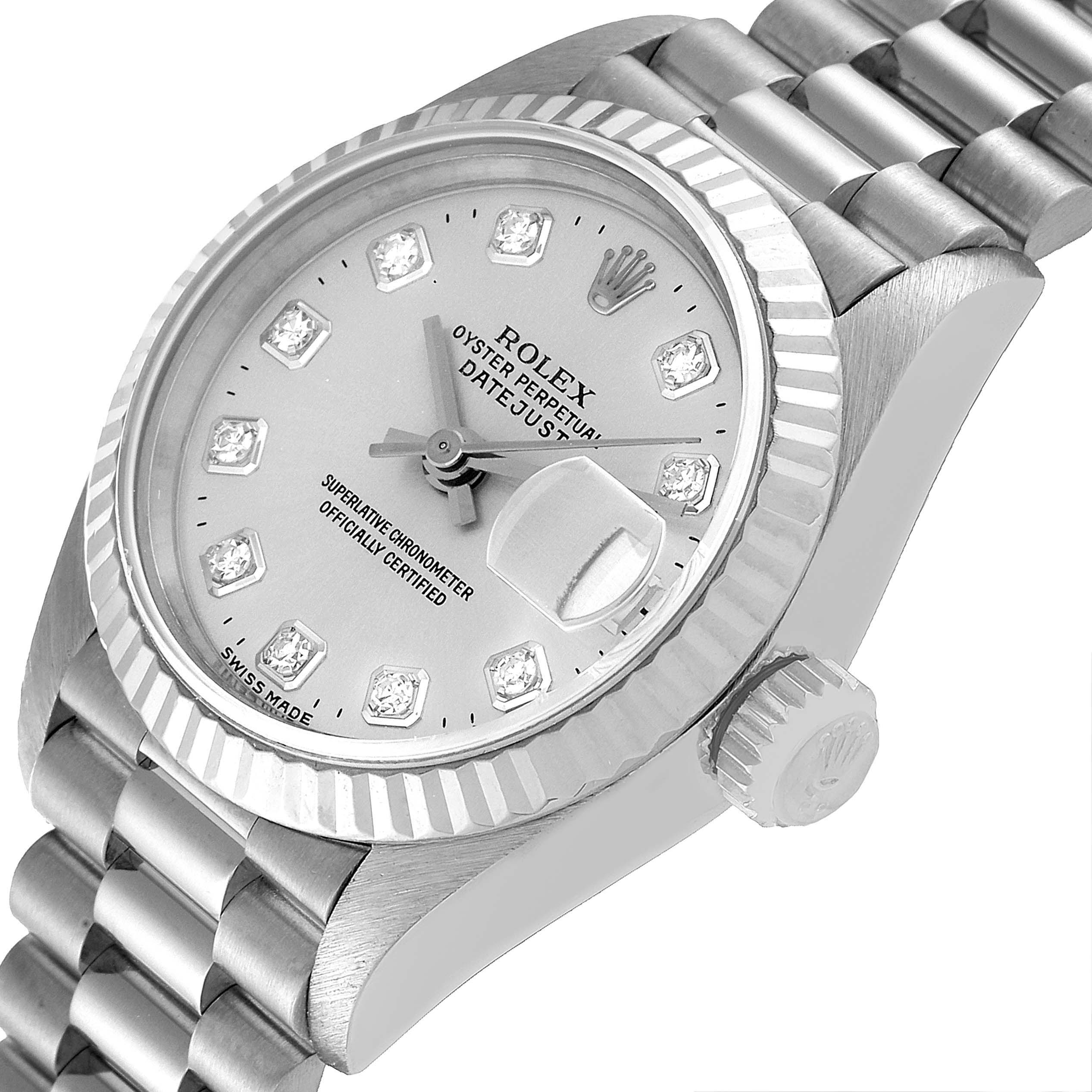 The image shows a close-up angled view of the Rolex President 69179 Women's White Gold Silver Dial 69179 Women's White Gold Silver Dial model watch, highlighting the dial, bezel, and part of the bracelet.