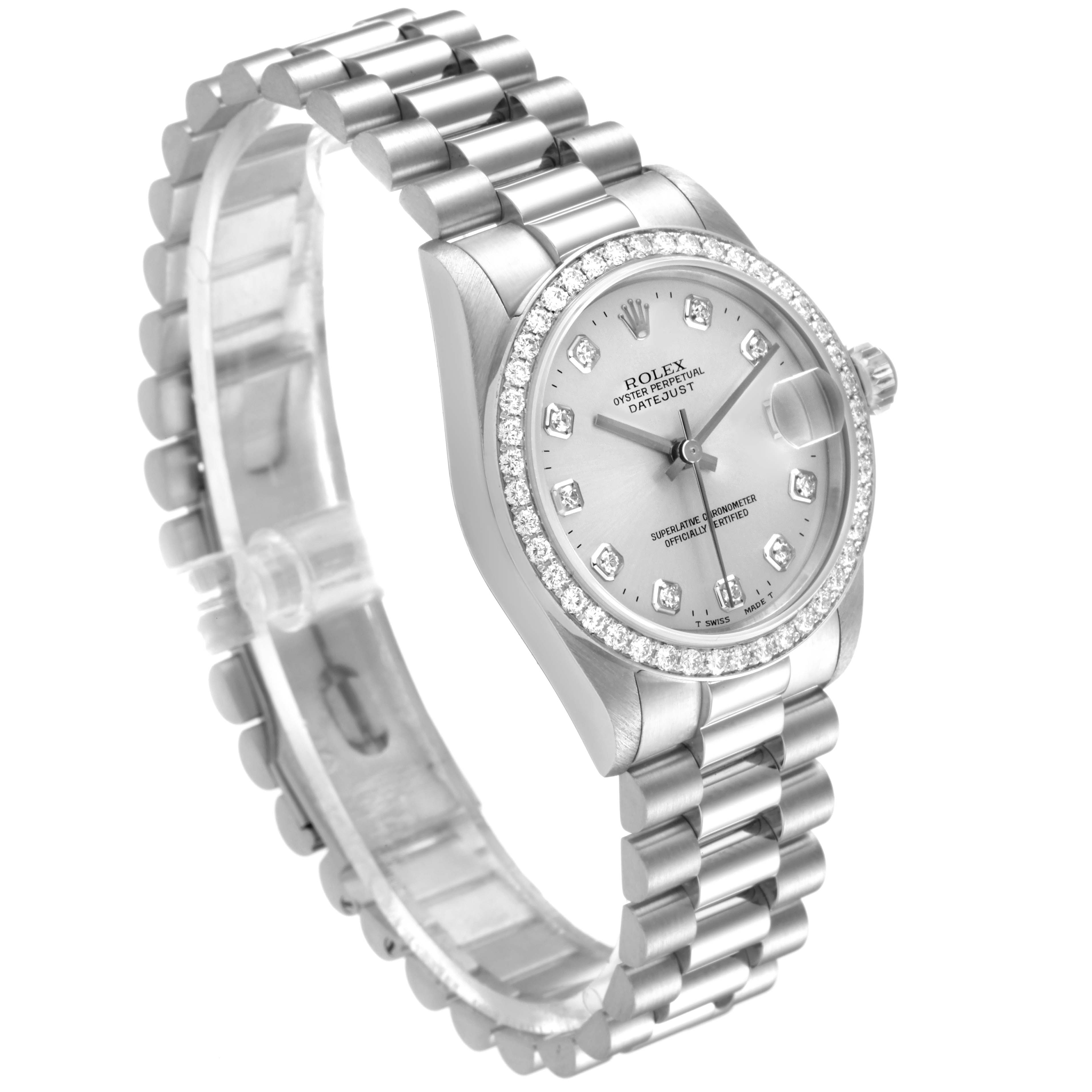 The image shows a side-angle view of a Rolex President 68286 Women
s Platinum Silver Dial 68286 Women
s Platinum Silver Dial model watch, displaying its face, bezel, crown, and bracelet.