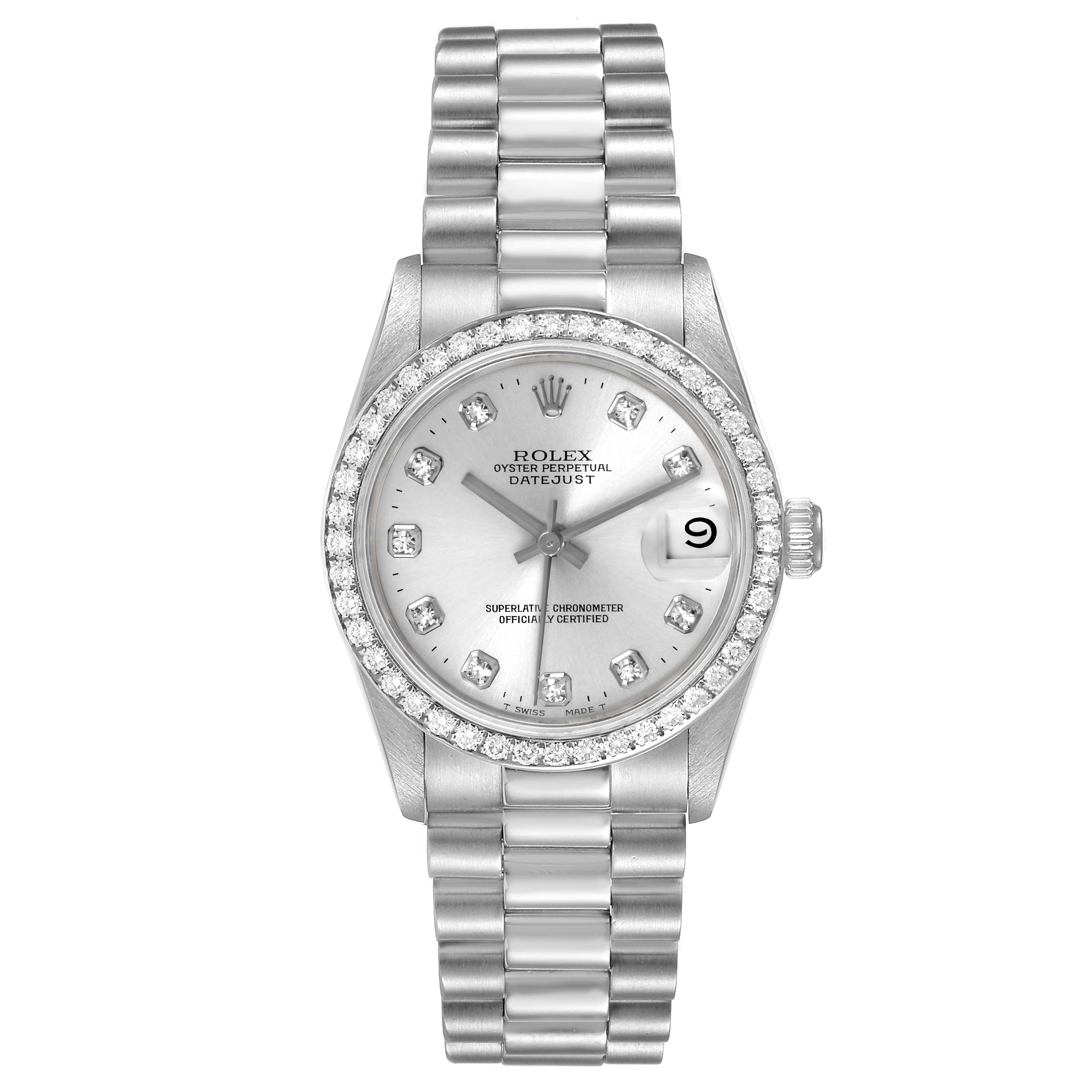 A Rolex President 68286 Women
s Platinum Silver Dial 68286 Women
s Platinum Silver Dial model watch is shown from the front, displaying the dial, bezel, and bracelet.