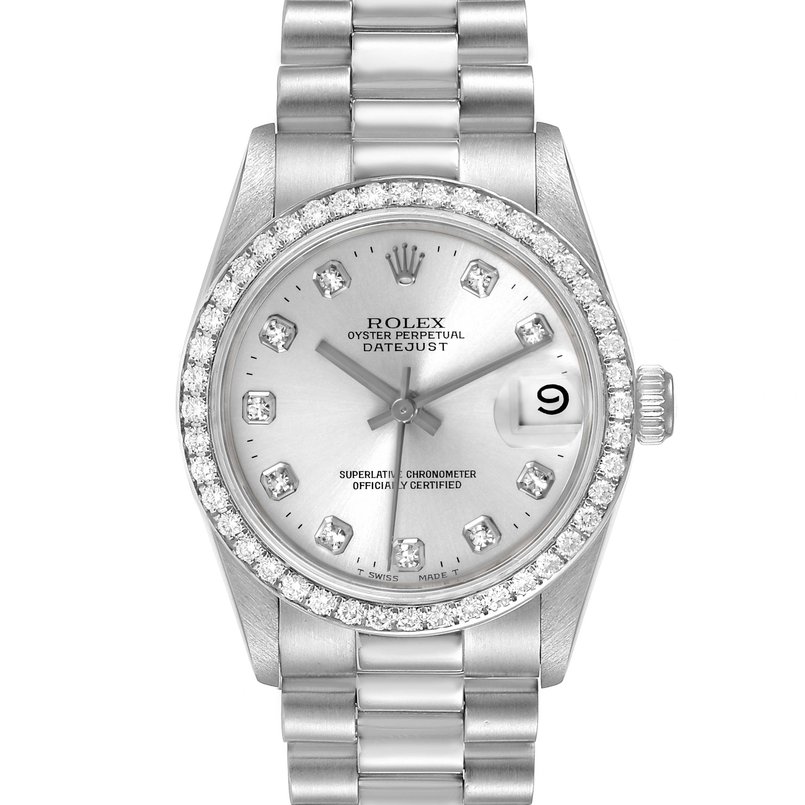 This image shows a frontal view of a Rolex President 68286 Women
s Platinum Silver Dial 68286 Women
s Platinum Silver Dial model watch, highlighting its dial, bracelet, and diamond bezel.