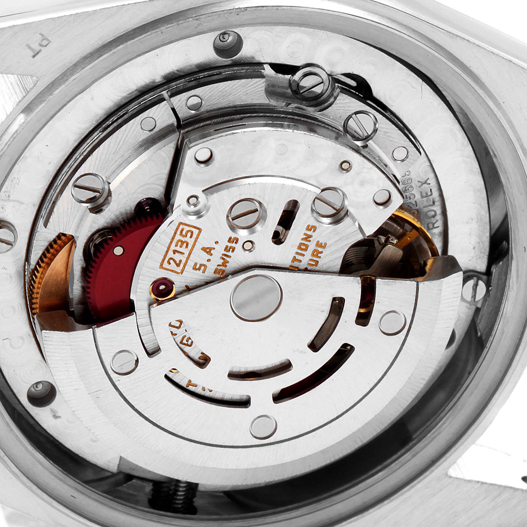 This image shows a close-up view of the inner mechanical parts of a Rolex President 68286 Women
s Platinum Silver Dial 68286 Women
s Platinum Silver Dial model watch.