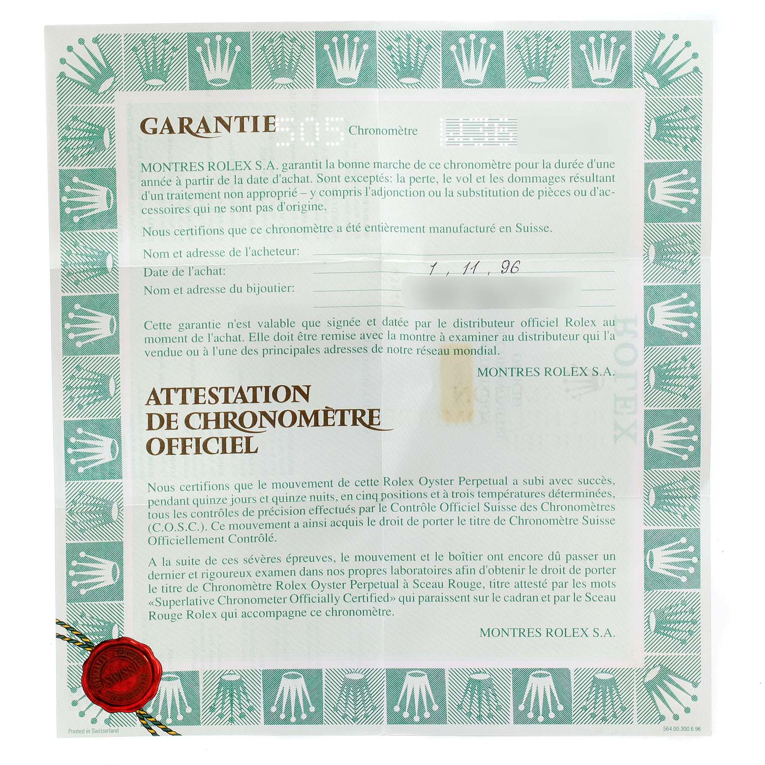 This is a warranty certificate for the Rolex President 68286 Women
s Platinum Silver Dial 68286 Women
s Platinum Silver Dial model, featuring text and seals.