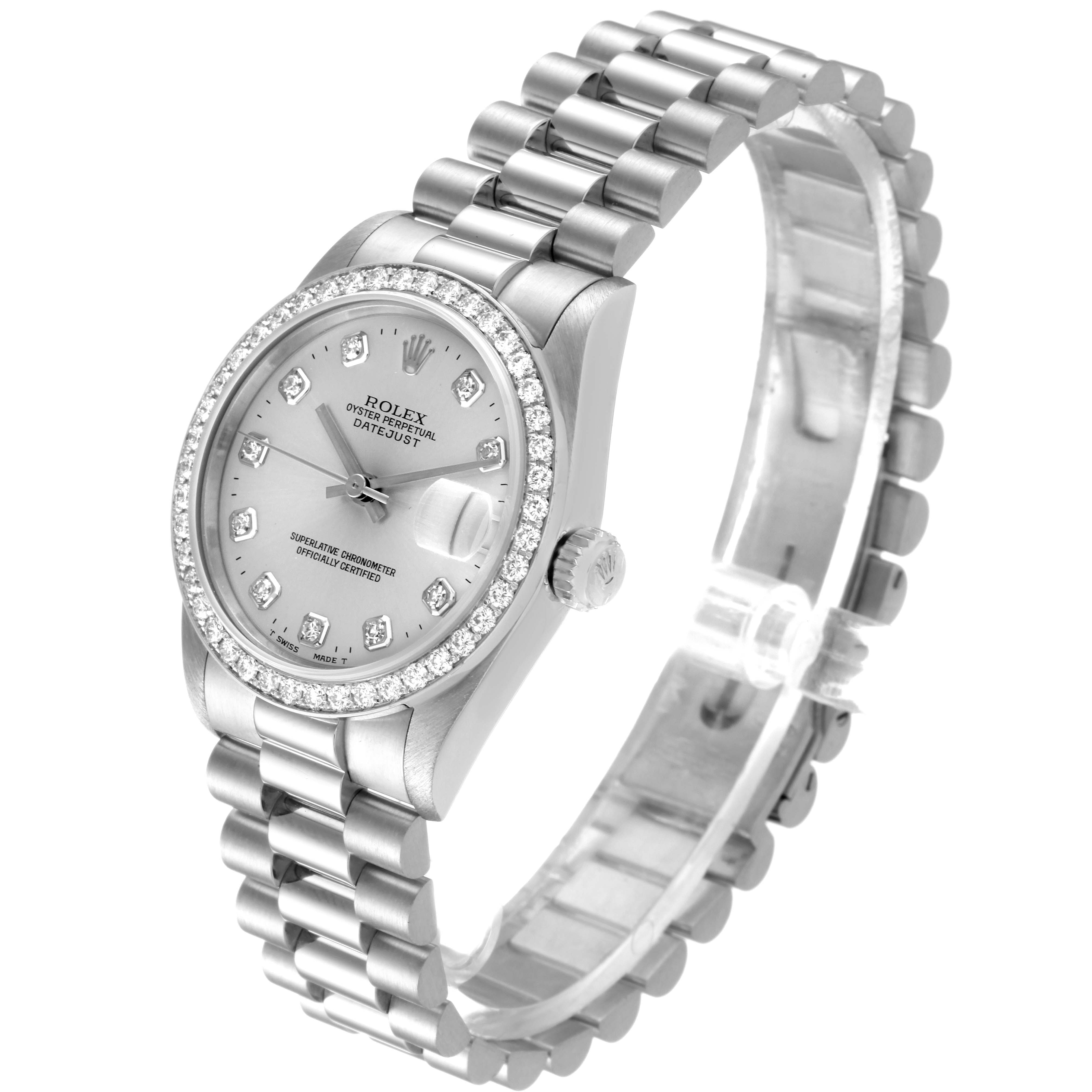 This image shows a Rolex President 68286 Women
s Platinum Silver Dial 68286 Women
s Platinum Silver Dial Datejust watch at a 3/4 angle, highlighting the dial, bezel, and part of the bracelet.